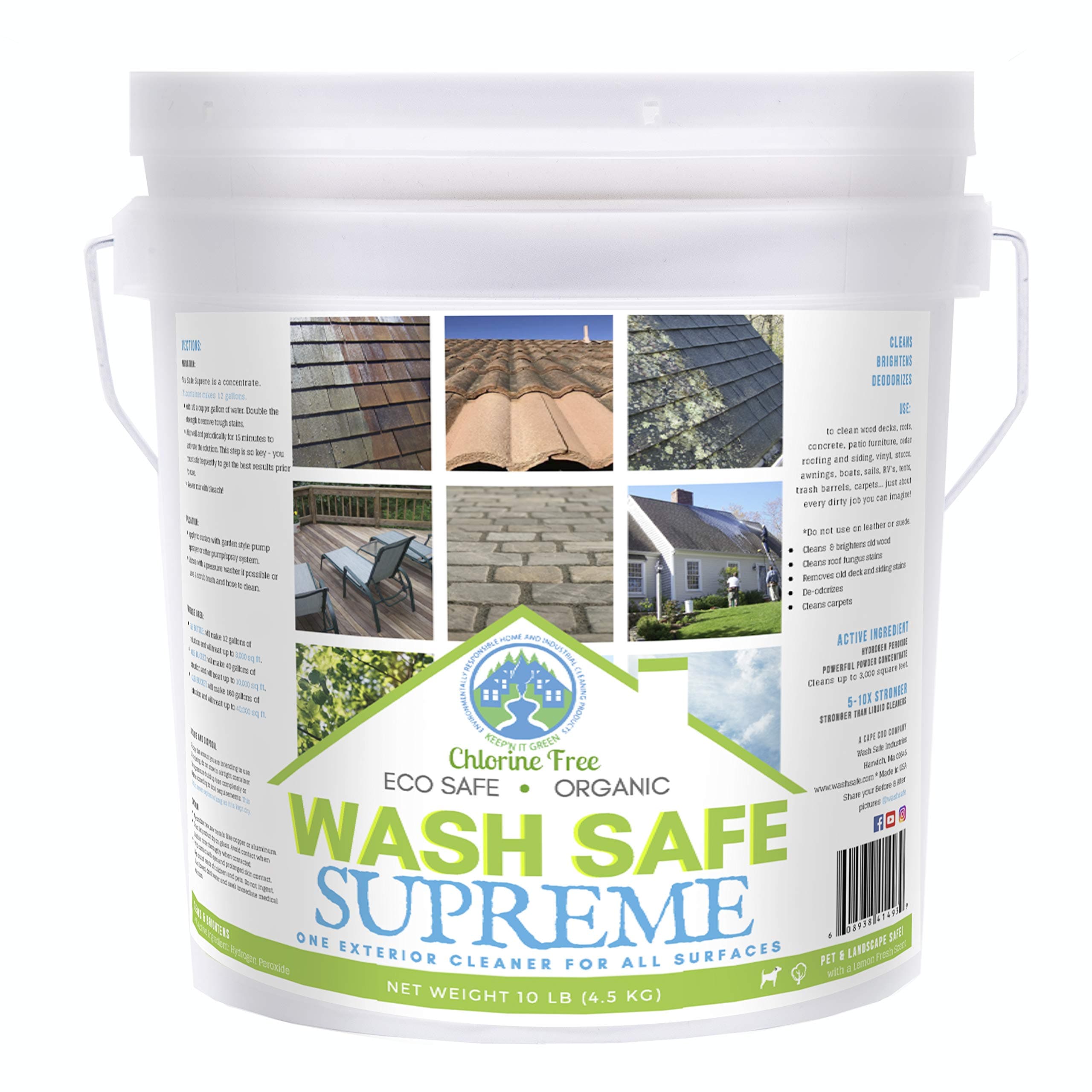Wash Safe™ SUPREME Eco-Safe and Organic All-Purpose Exterior Cleaner, 10 lb | | Clear, Bleach-Free Powder Solution | Clean Up to 10,000 sq. ft. of Roof, Vinyl Siding, Wood, Decks, Concrete and More