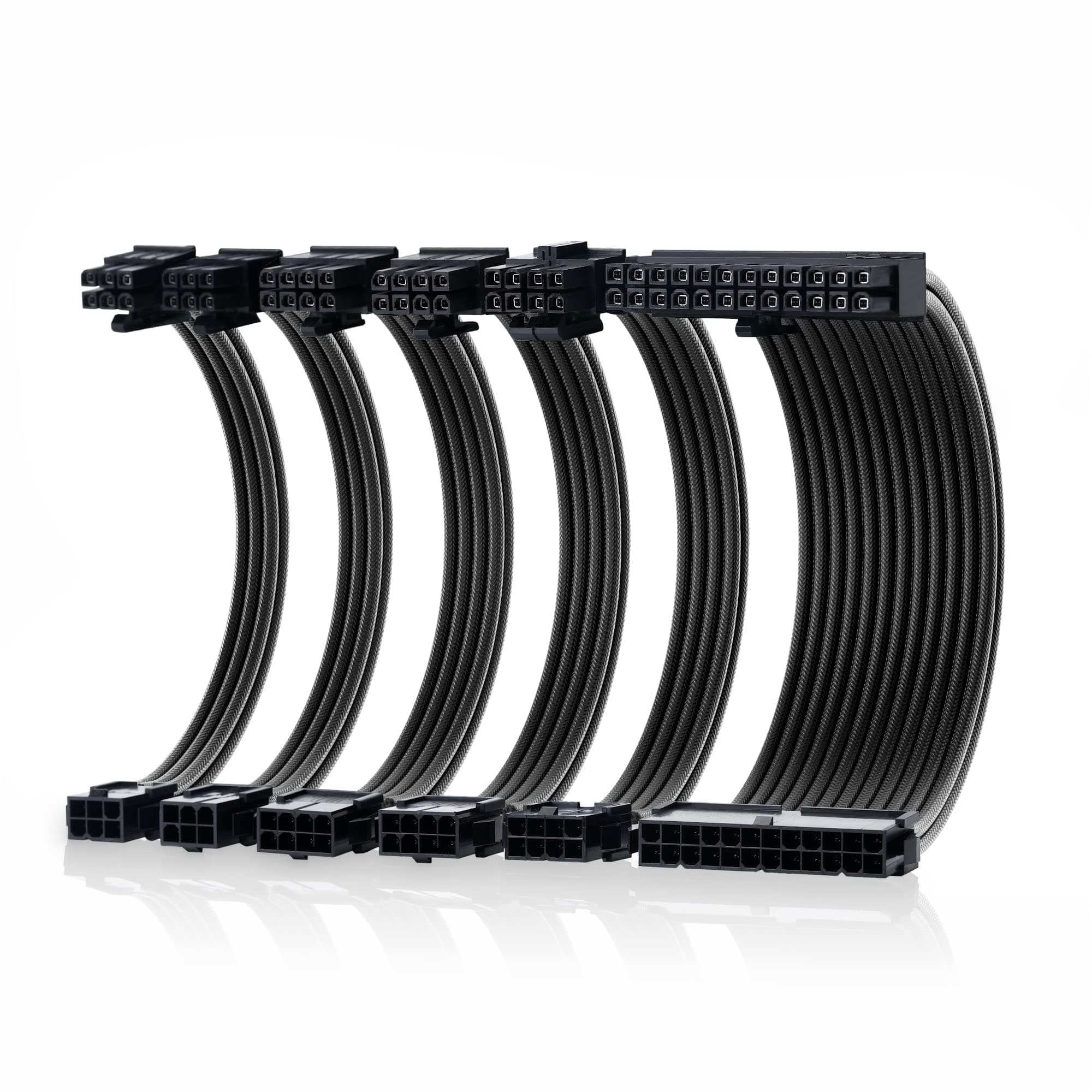 Cable Matters12-inch 6-Piece Sleeved PSU Extension Cable Kit (Power Supply Extension Cable, PSU Cables Kit) in Black – with 24-pin ATX, 4+4 Pin EPS, 2X 8-pin PCIe, and 2X 6-pin PCIe Extension Cables