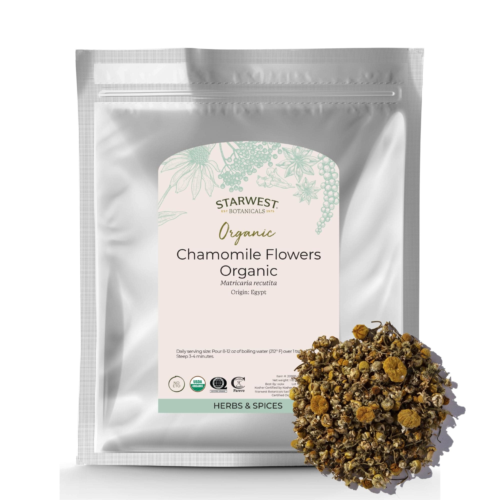 Organic Chamomile Flowers Whole - Dried Loose Leaf Herb for Tea, Herbal Lotions, & Baking, Sourced from Egypt, Certified Kosher, Non-GMO - Bulk 1 lb Bag