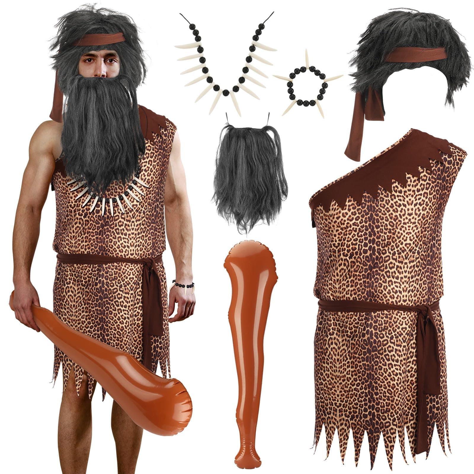 Ramede 8 Pcs Halloween Adult Wild Caveman Costume Brown Tunic Kit with Inflatable Cave Bat Wig Beard Bracelet Necklace for Adult Halloween Cosplay Costume