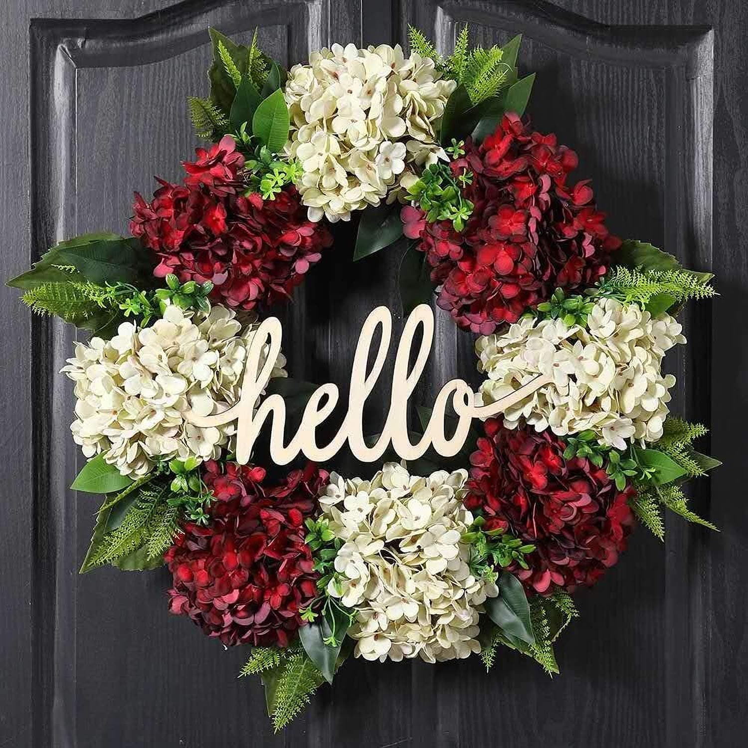 QUNWREATH Wreath for Front Door Winter Wreath Christmas Wreath Red White Hydrangea Wreath 18 Inch Handmade Wreath Hello Wreath Farmhouse Wreath Rustic Wreath