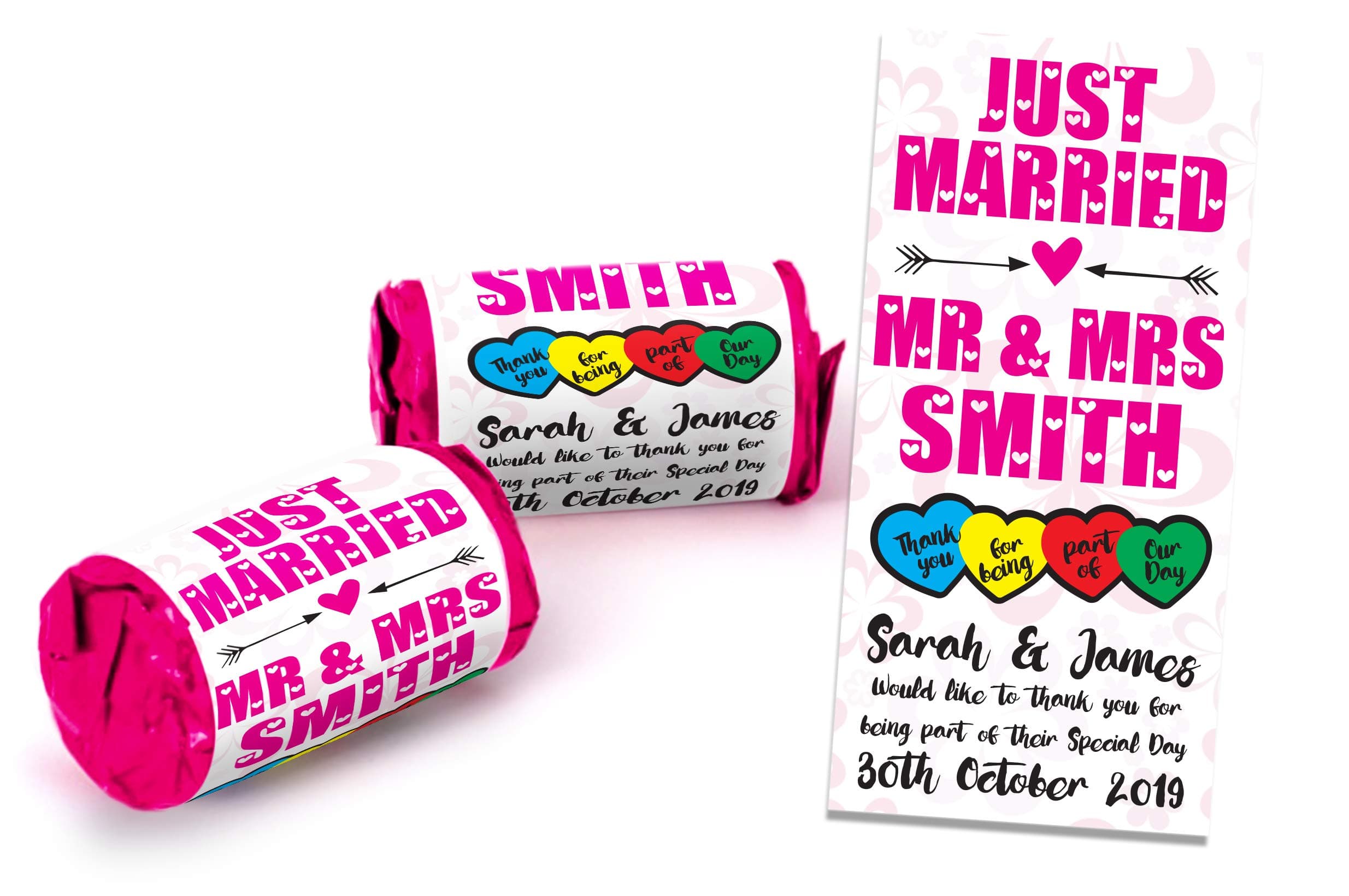 Personalised Pink Mini Love Hearts Sweets Wedding Favours Just Married for Guests Gift Thank You Table Favours. Each roll Contains 7 Individual Sweets Suitable for Vegetarians (80)