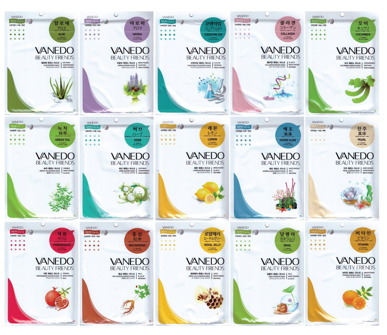 VANEDO [15 Piece Pack - 1 of All type Masks] Beauty Friends Facial Essence Mask for Daily Beauty Routine Made in Korea