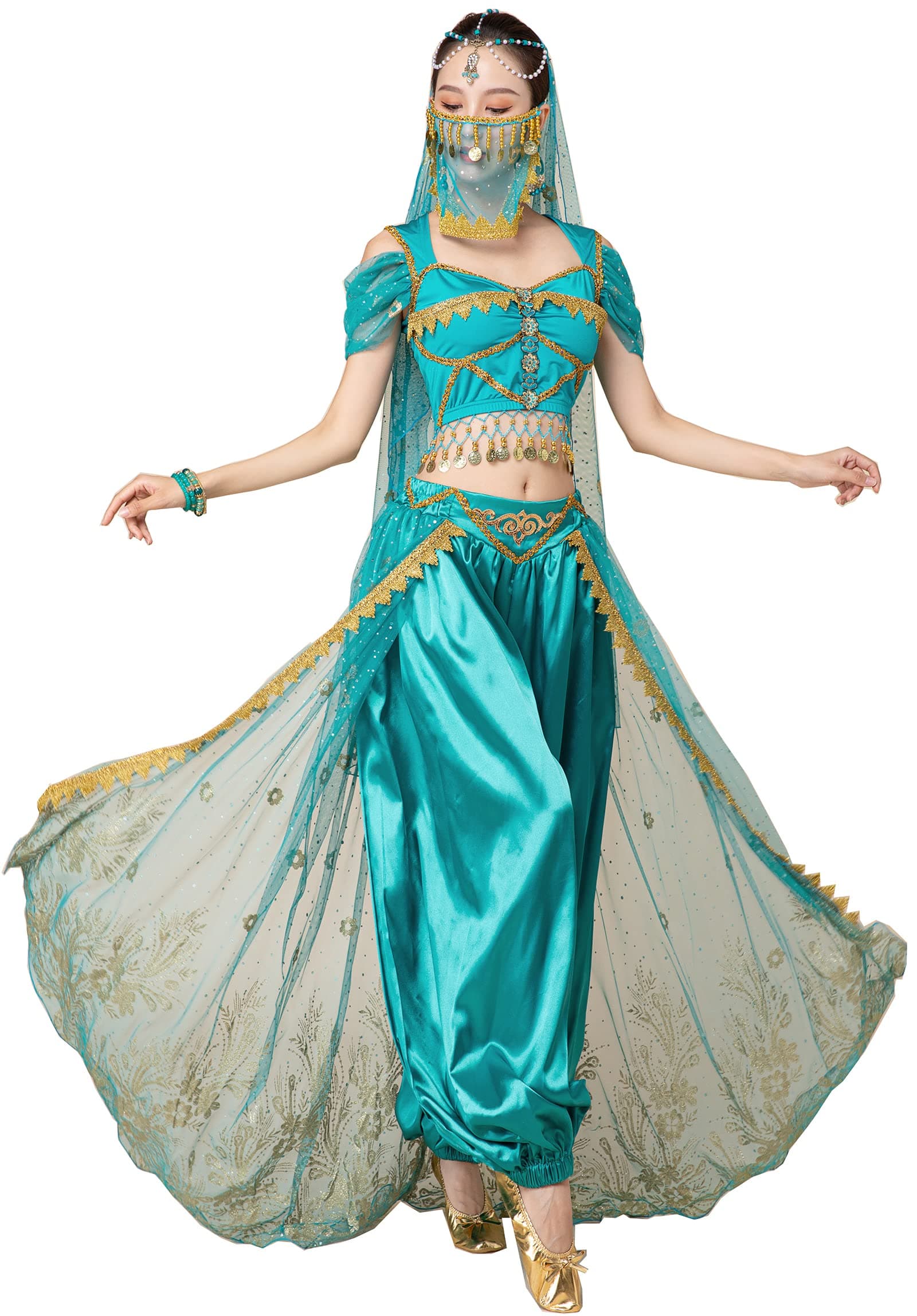 ORIDOOR Women's New Aladdin Jasmine Princess Belly Dance Halloween Costume Set Belly Dance for Dress Up Party 5 Piece Outfit