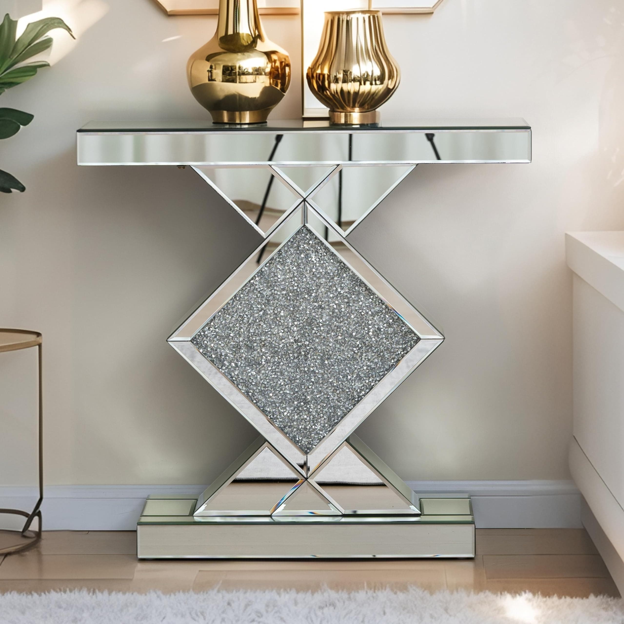 Console Table Mirrored, Silver Entryway Tables with Diamond Shaped Mirror Finished, 31.5'' Long Accent Narrow Table, Glass Sofa Tables Foyer Tables for Living Room Hallway Entrance