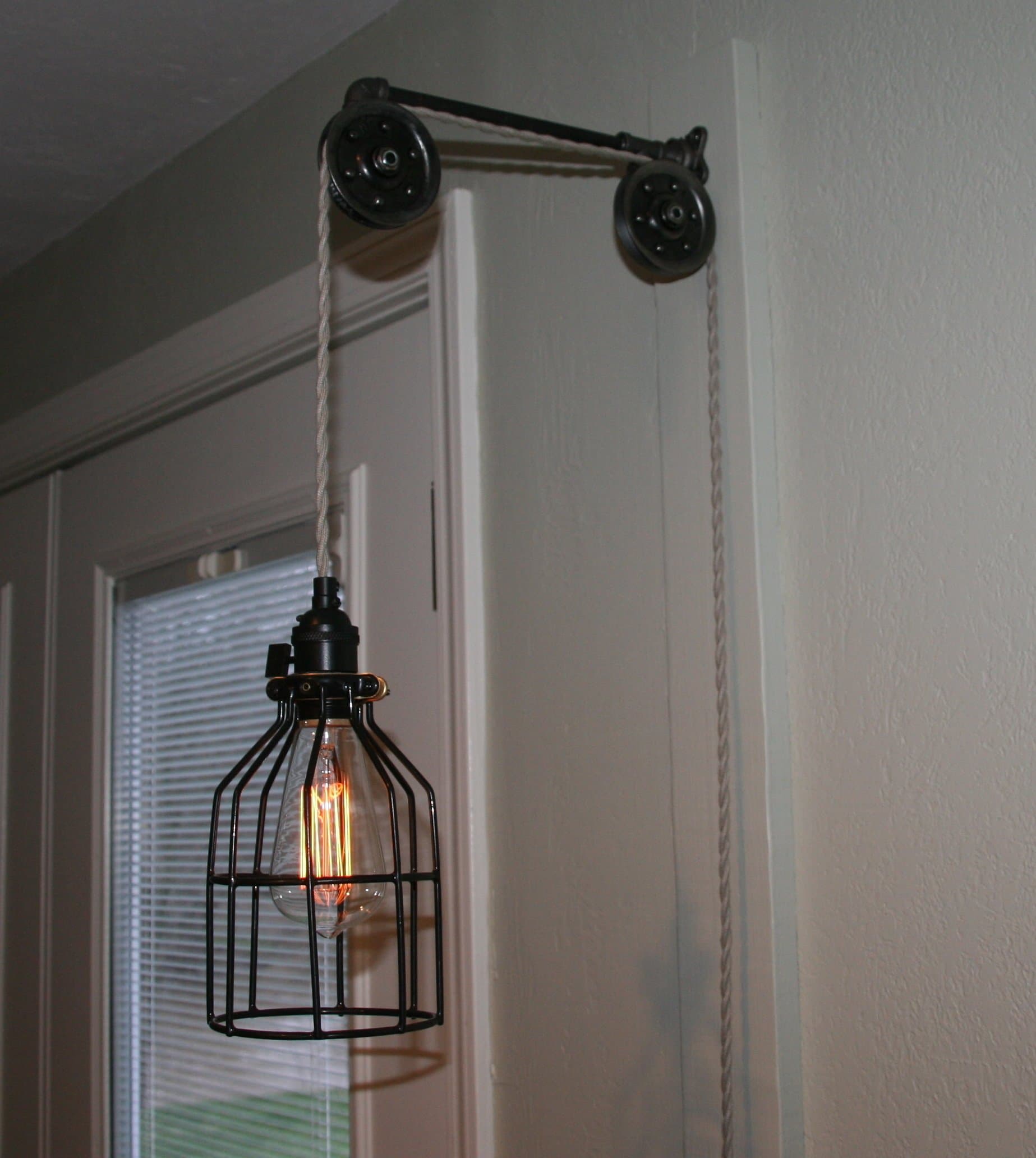 Pulley Wall Mount with Industrial Black Cage Light Pendant Light by Industrial Rewind