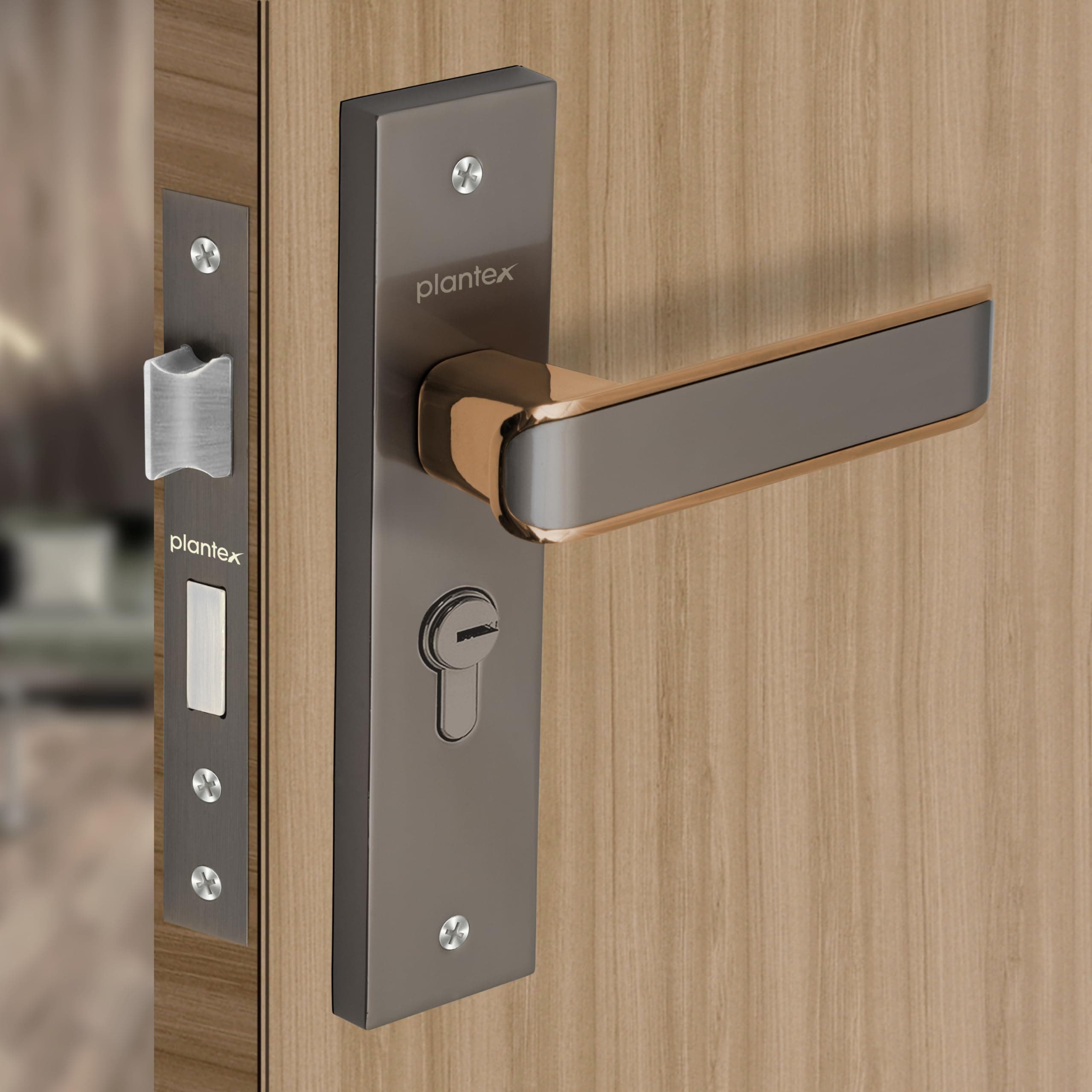Plantex Heavy-Duty Door Lock Set - Main Door Lock Handle Set/ 6-Lever Lock Mechanism with 3 Years of Warranty/Mortise Lock with 3 Keys, Brass Lockbody & Cylinder (8112 - Satin Black & PVD Choco)