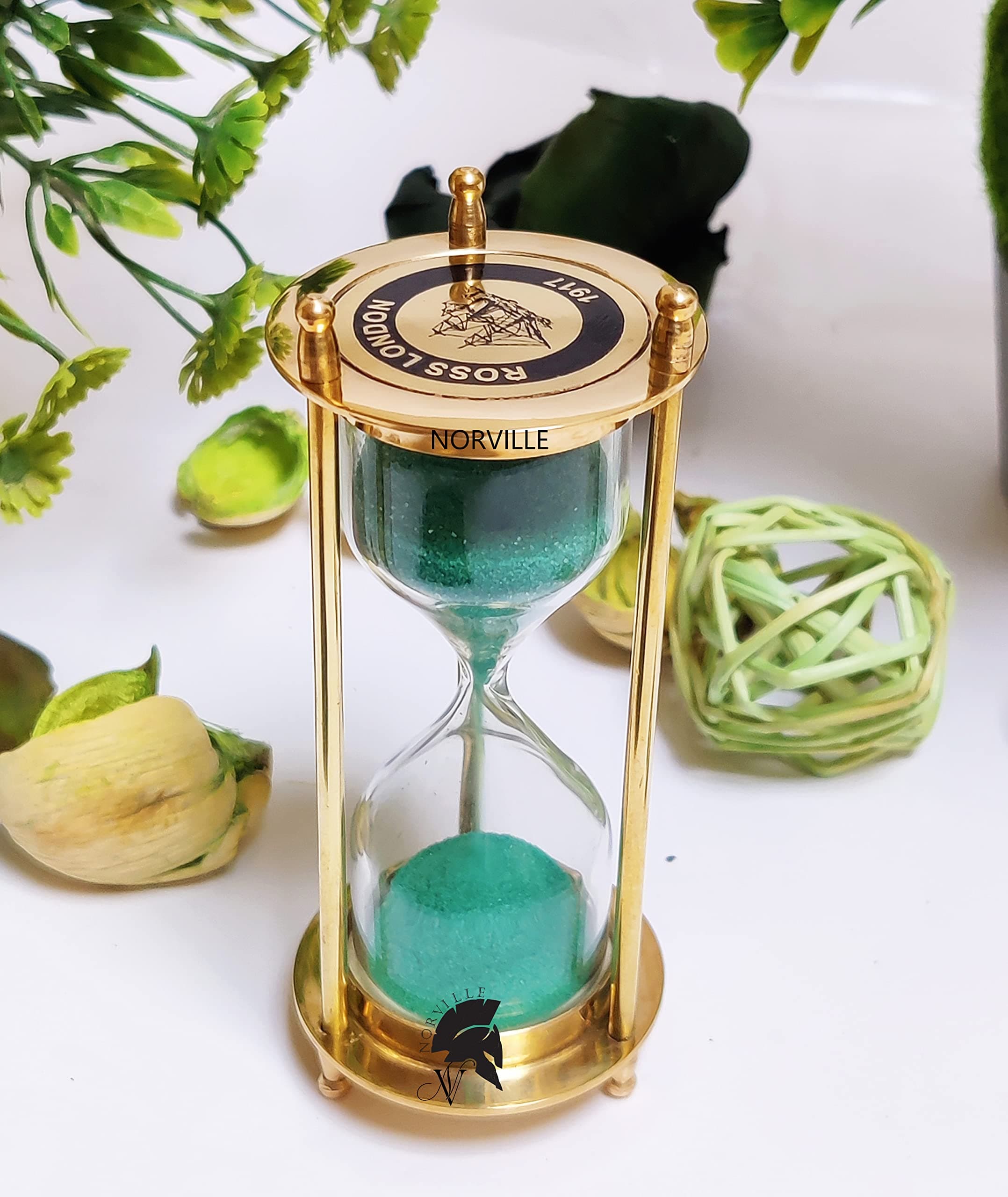 NORVILLE® Wooden and Brass Sand Timer Hour Glass Sandglass Clock Antique Decor Theme Height 4 Inches 1 Minutes Sand Clock for Home Decor Gift Item (Green, Size- Small)