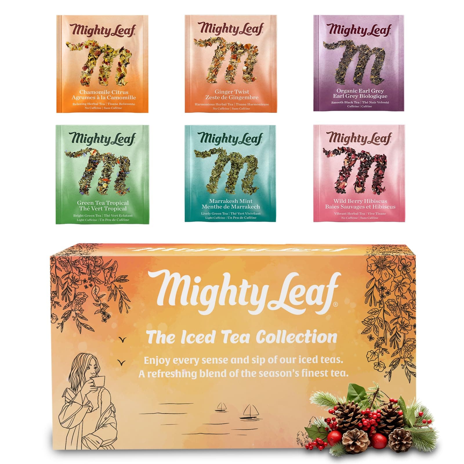 Mighty LeafOrganic Tea Sampler Gift Box – 30 Count Silken Tea Bags – 6 Assorted Flavors: Chamomile Citrus, Earl Grey, Green Tea Tropical, Ginger Twist, Peppermint & Wild Berry Hibiscus – Premium Herbal & Green Tea Variety Pack