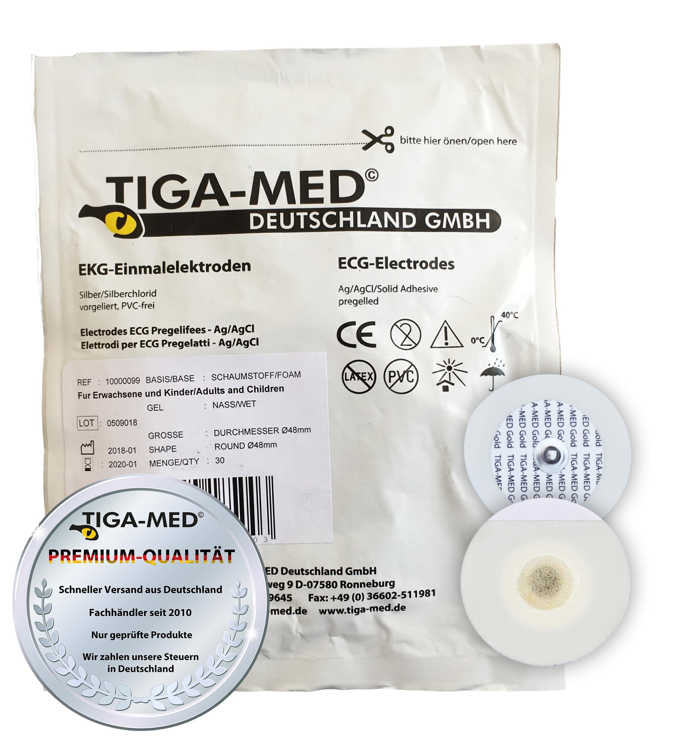 TIGA-MED 120 Disposable ECG Electrodes 48mm – Snap Connection (Ag/AgCl) – Liquid Gel Adhesive Pads – Latex & PVC Free – 4×30 Medical Monitoring Electrodes