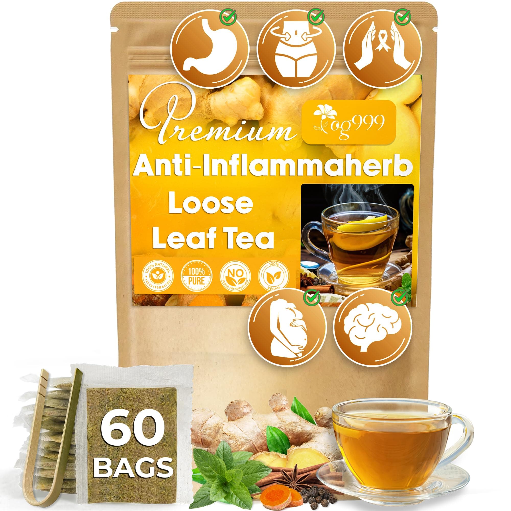 60 Tea Bags - Anti-Inflammaheb Loose Leaf Tea, 100% Natural from Ginger, Turmeric, Peppermint, Black Pepper, Cinnamon. Made with Natural Material Tea Bags. No Sugar, No Caffeine, No Gluten, Vegan.
