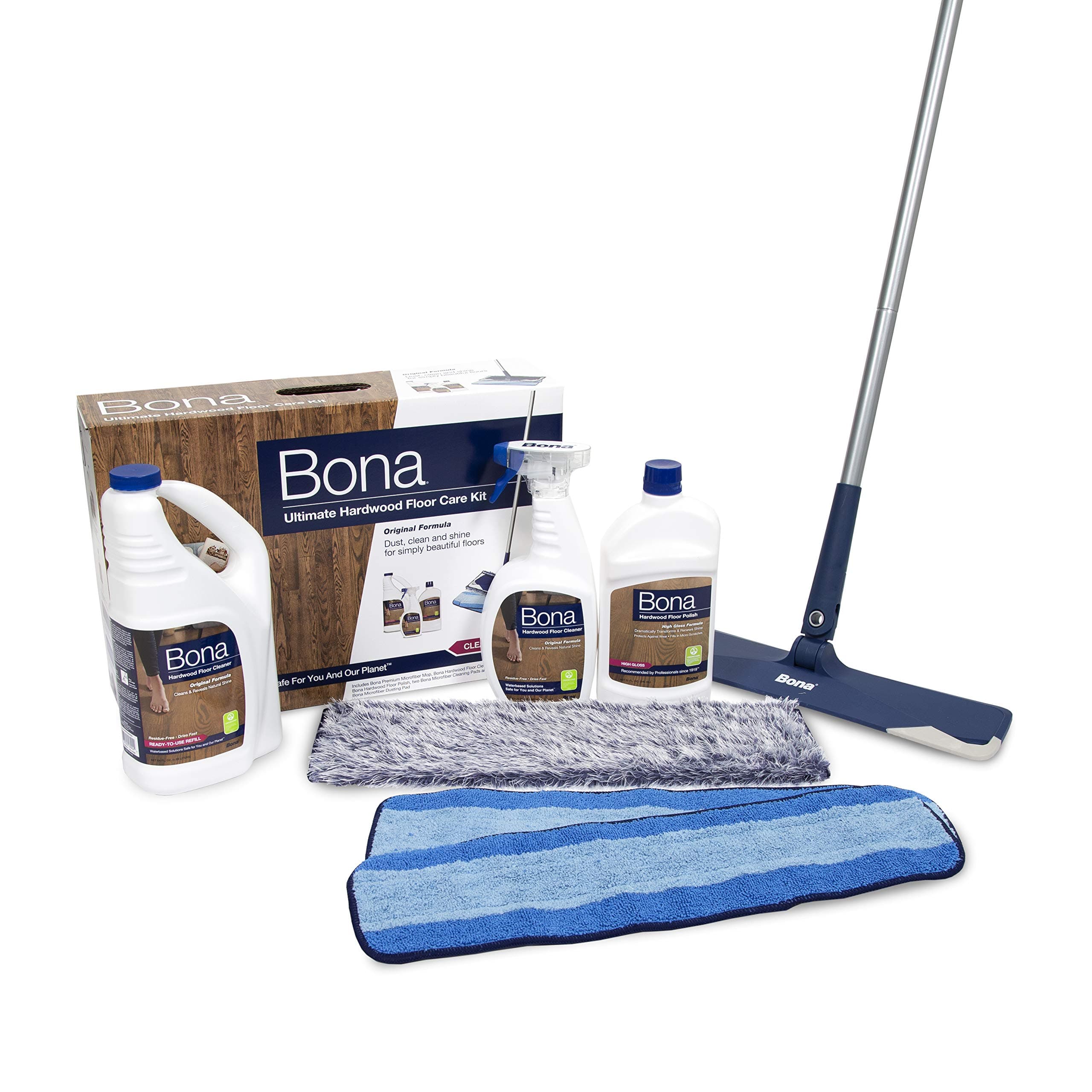 Bona Ultimate Hardwood Floor Care Kit - Includes Microfiber Mop, Hardwood Floor Cleaning Solution and Refill, Hardwood Floor Polish, Microfiber Cleaning Pads, and Microfiber Dusting Pad