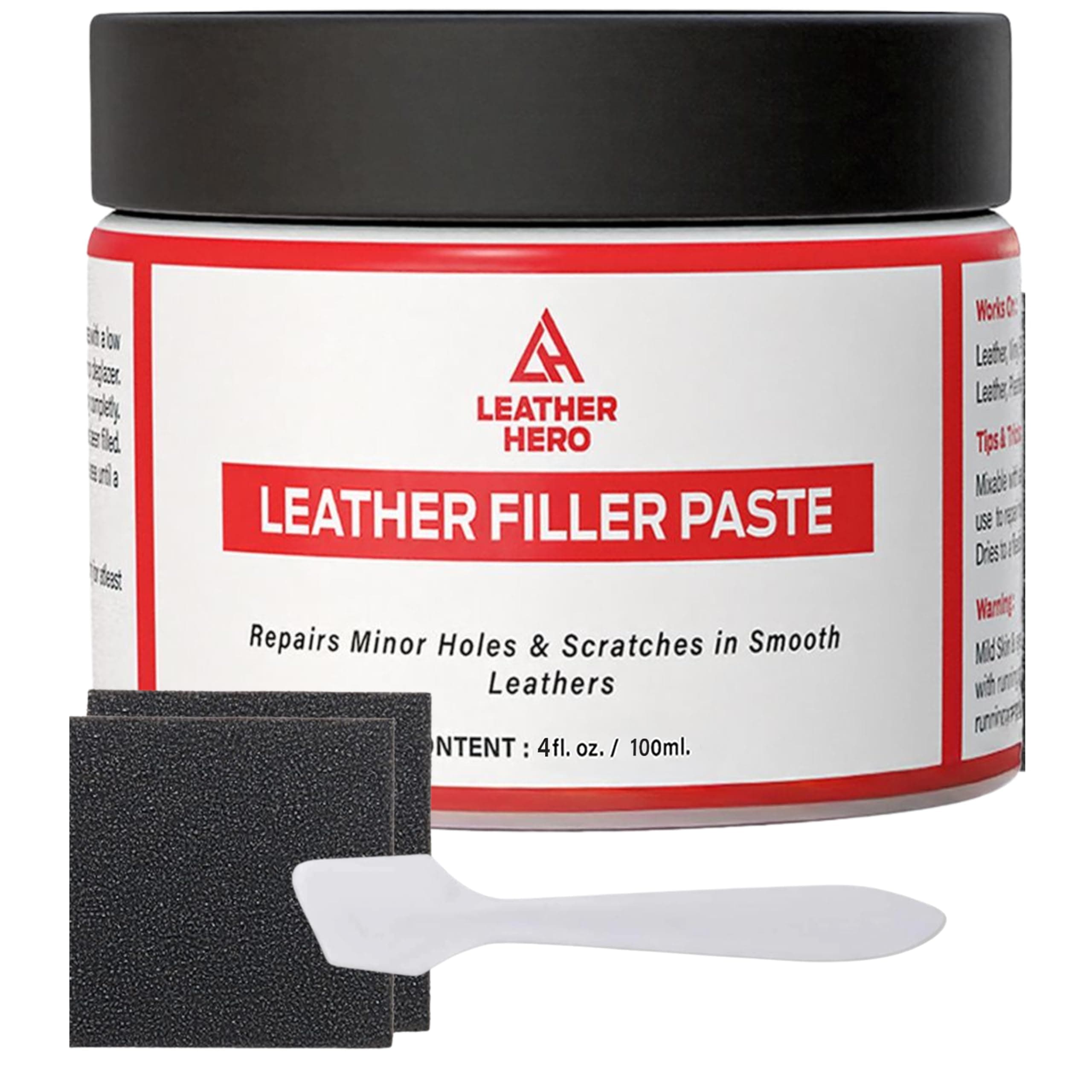 Leather Hero Filler for Filling or Repairing Holes, Tears, Cracks, Scratches, for Car Seats, Furniture, Shoes- Flexible with Applicator (100mL)