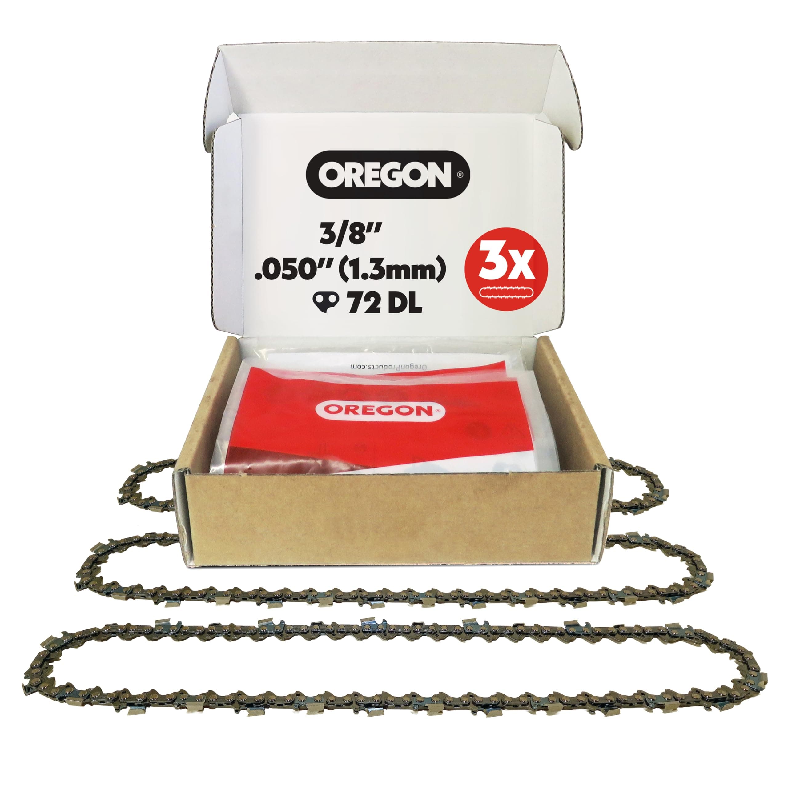 Oregon 3-Pack 3/8" LP Pitch, .050" (1.3mm) Gauge, Chainsaw Chain for 20" (50cm) Bar, 72 Drive Links – Full Chisel Replacement Saw Chain, Fits & Replaces Stihl & Husqvarna, Fits Jonsered, Echo and more