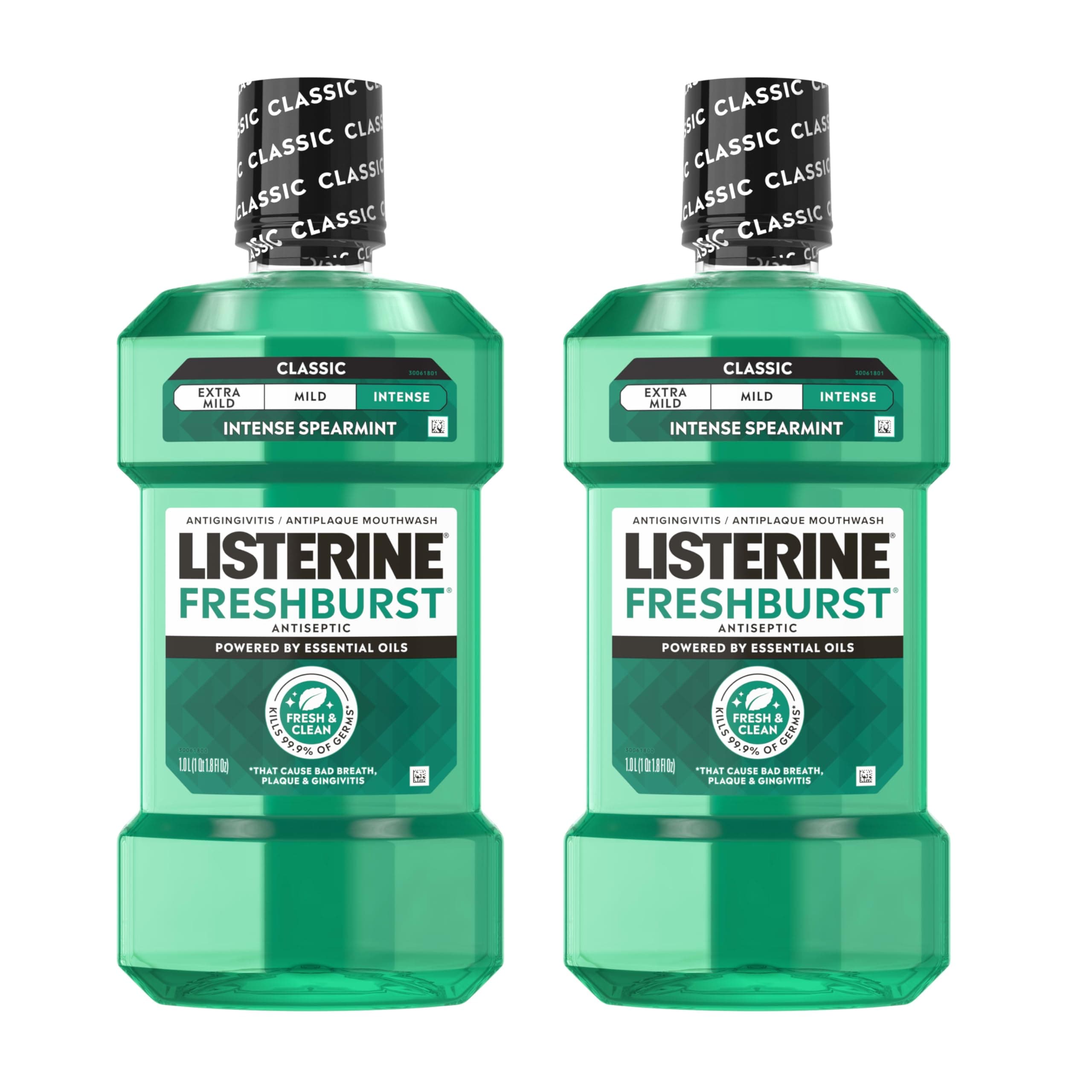 Listerine Freshburst Intense Antiseptic Mouthwash for Bad Breath, Kills 99.9% of Germs That Cause Bad Breath & Fight Plaque & Gingivitis, ADA Accepted Mouthwash, Convenience Pack, 2 x 1 L