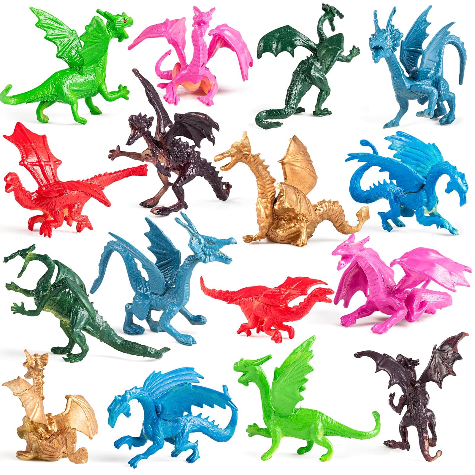 Bedwina Mini Dragon Toy Figures - (Pack of 36) 2 Inch Plastic Rubbery Dragon Figurines in Assorted Colors and Styles - Kids Toys for Birthday Party Favors, Decorations, Cupcake Toppers and Piñatas