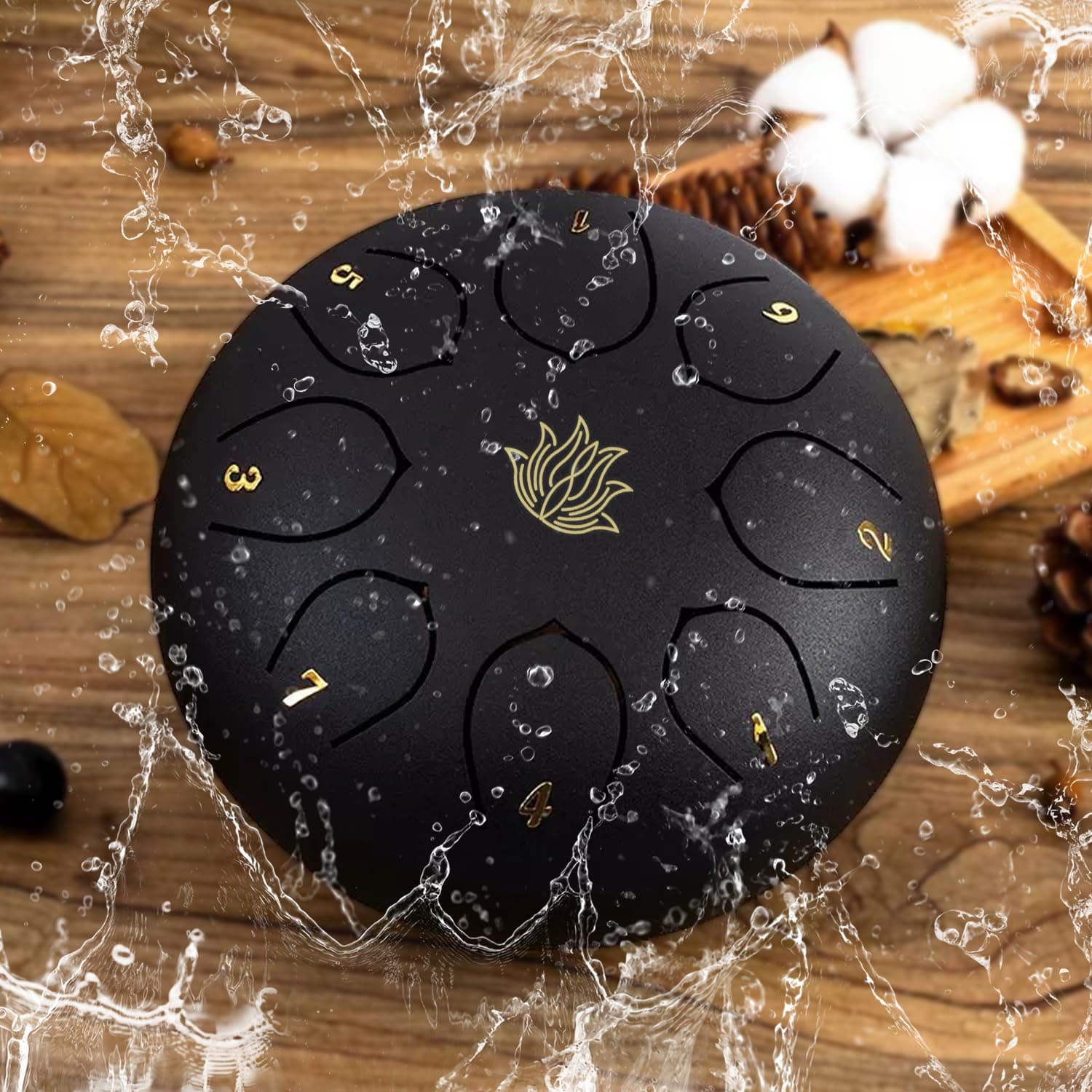 Rain Chime Drum - 8 Note 6 Inch Rain Drum for Outside Garden, with Bag, Music Book, Drumsticks, Mallet Holder and Finger Paddles, Steel Tongue Drum for Gifts Yoga Education (Black)