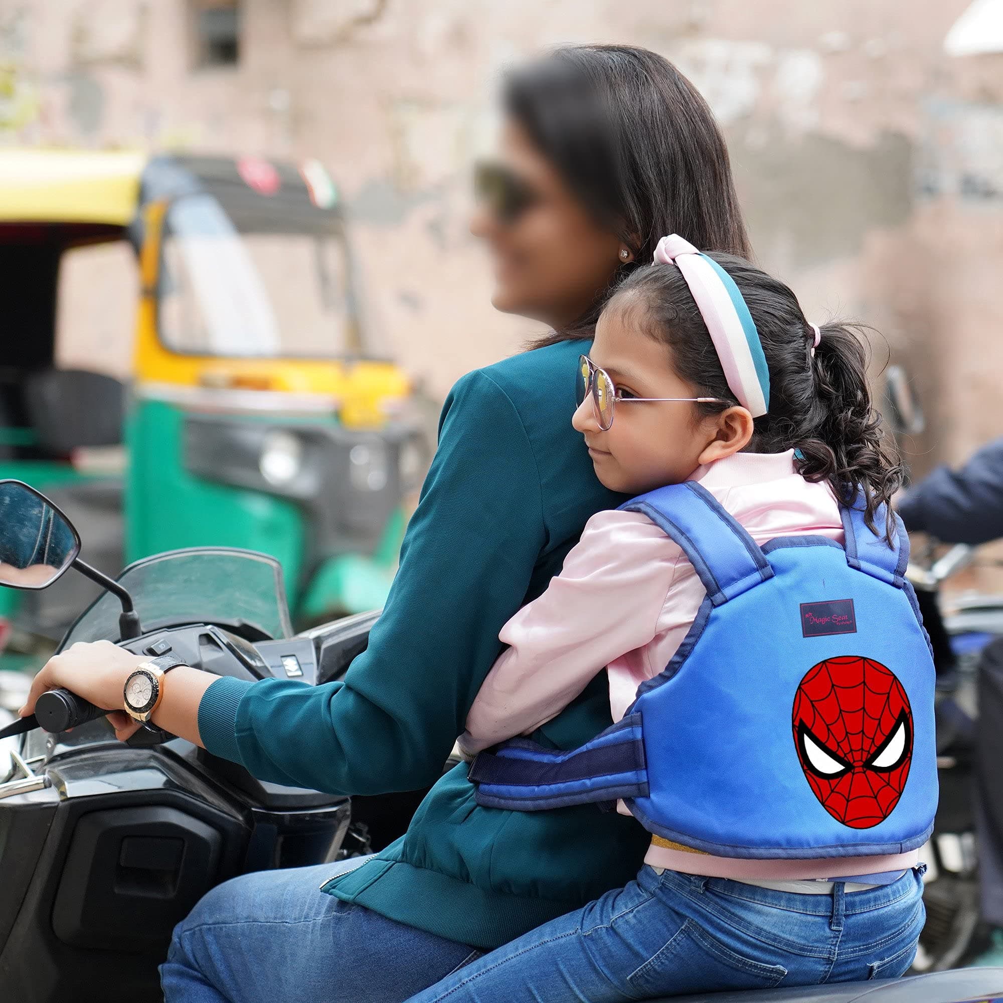 Magic Seat Two Wheeler Safety Belt for Kids,Portable Adjustable Child Pillion Rider Safety Harness for Scooter & Bikes, Toddler Vehicle Belt for Motorcycle for Children(Spiderman,Blue)