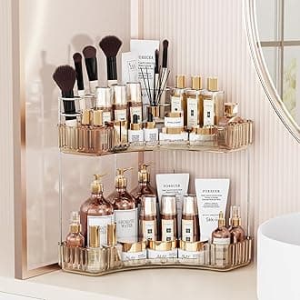 2-Tier Corner Bathroom Counter Organizer with Top Toothbrush Holders,Large Makeup Organizer Countertop with Brush Holder,Skincare Organizers Corner,Exquisite Vanity Organizer (Gold, 2 Tier)