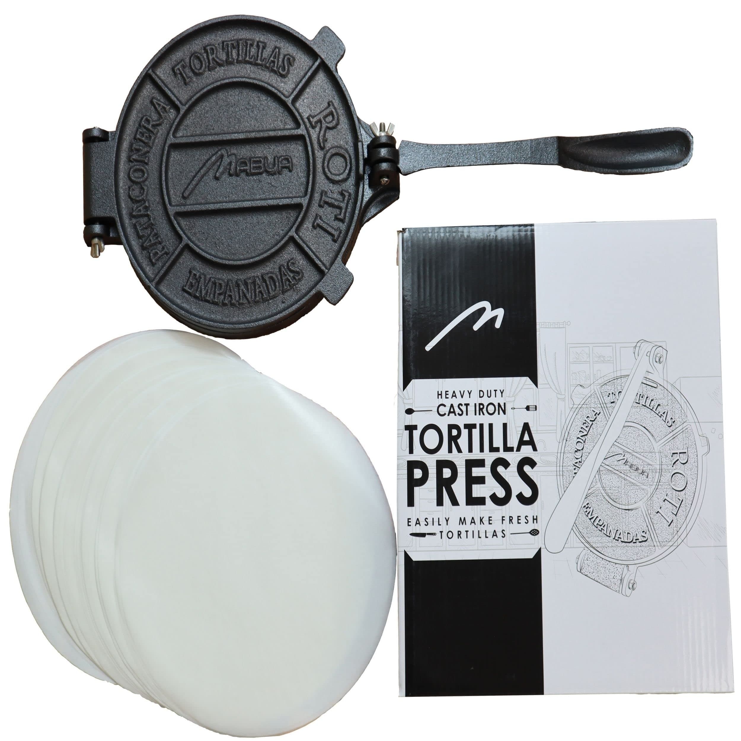 MABUA 8 Inches Cast Iron Tortilla Press – Heavy Duty Pre-seasoned Roti Maker, Tortilla Maker, Dough Press - Pataconera with 100 Tortilla Wax Paper – Free Replacement If Damaged in 30 Days.