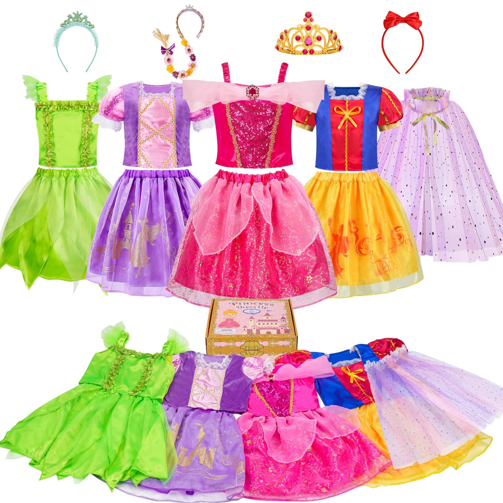 MELAND Princess Costumes for Girls, 4 Sets of Princess Dress up for Girls, Fancy Role Play Toys for 3 to 8 Year Old Girl Birthday Gifts