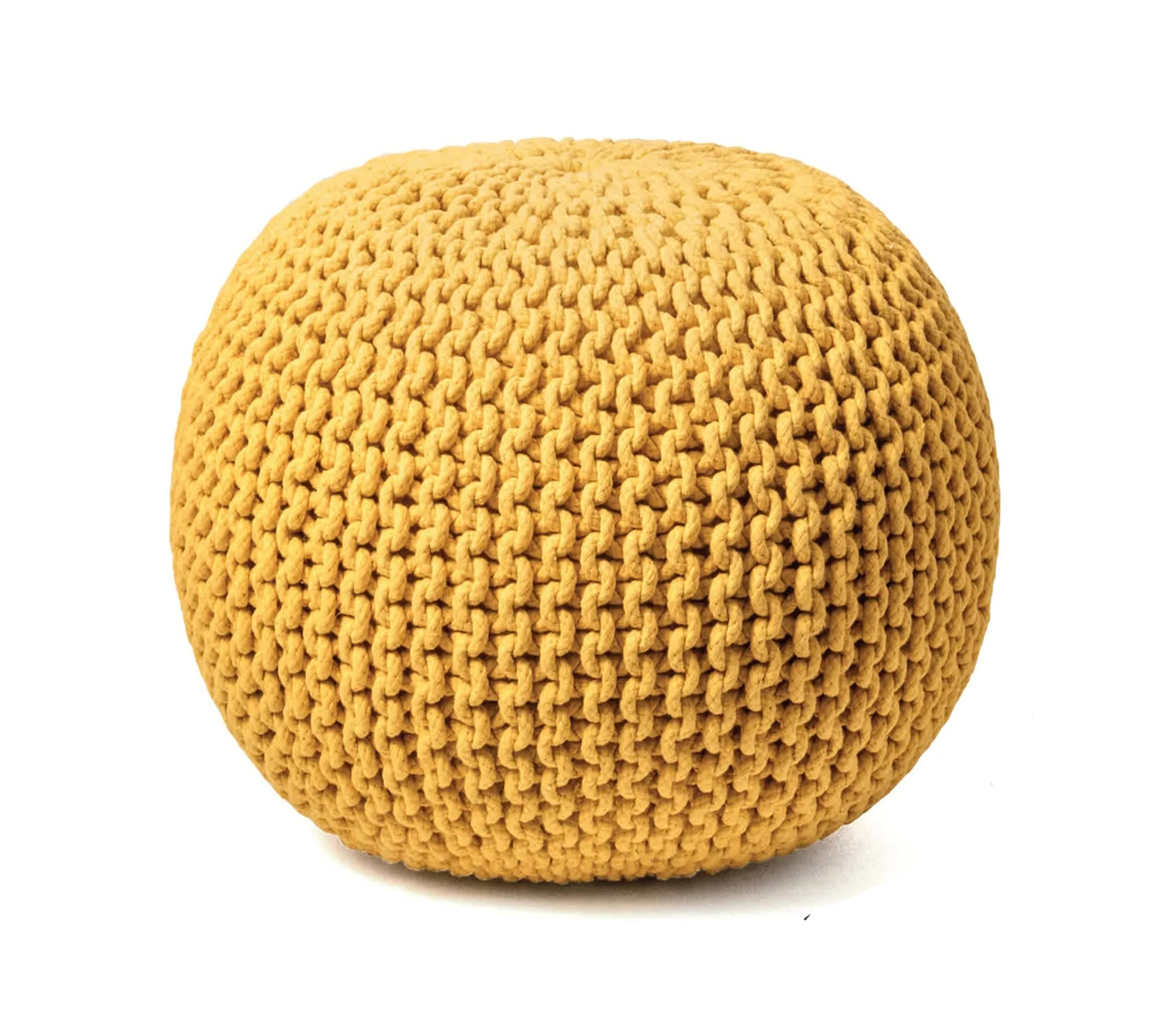 Fernish Décor Round Pouf Ottoman Hand Knitted Cotton Pouf Footrest,Foot Stool, Knit Bean Bag Floor Chair for Bed Room Living | Room | Accent Seat (20x20x14 Inch, Yellow)
