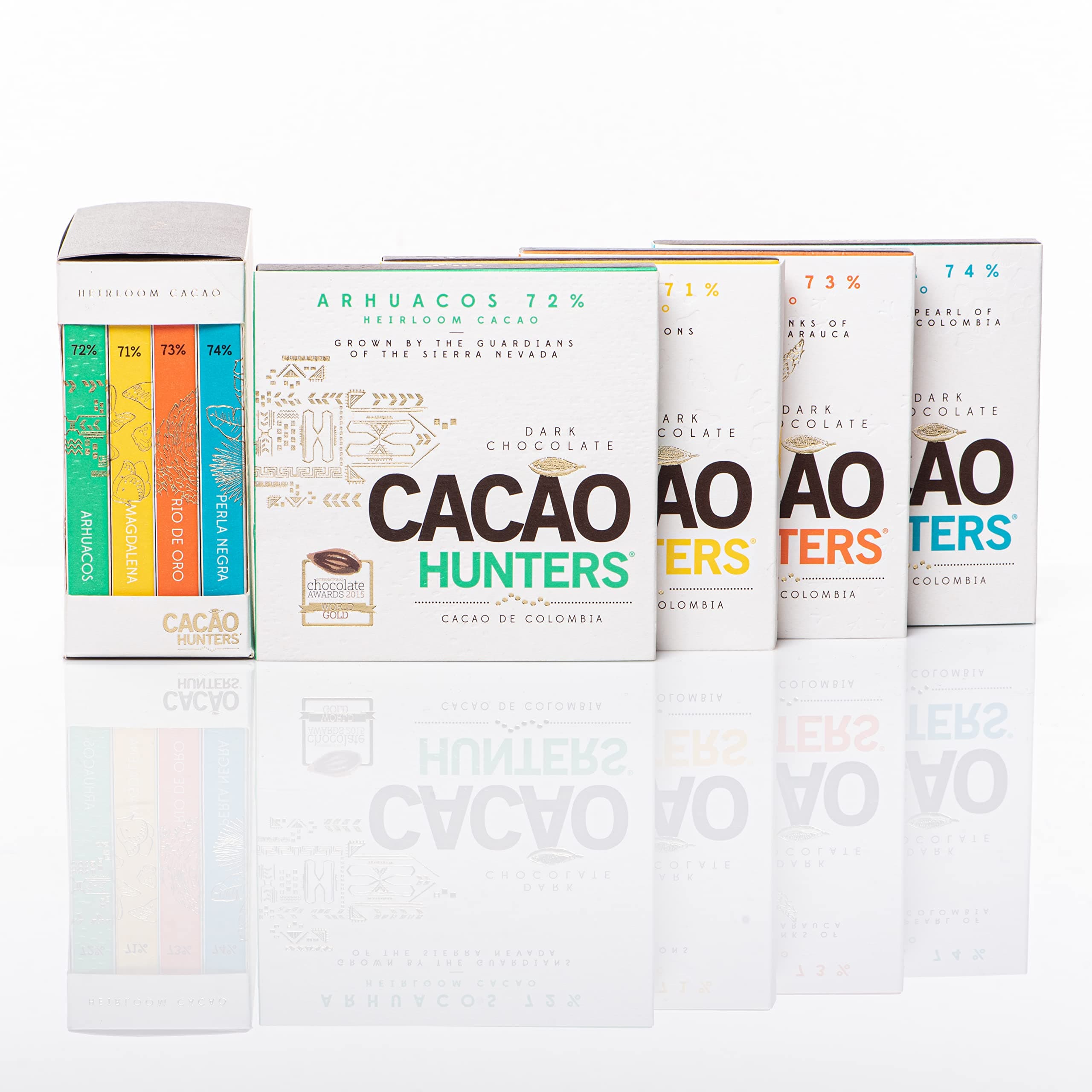 AWARD WINING 2018 – 2019 Arhuacos 72% - World class fine chocolate Cacao Hunters Premium Artisan Colombian Dark Chocolate Gift Box - Heirloom Collection gift set of 4 Bars x 28 gr