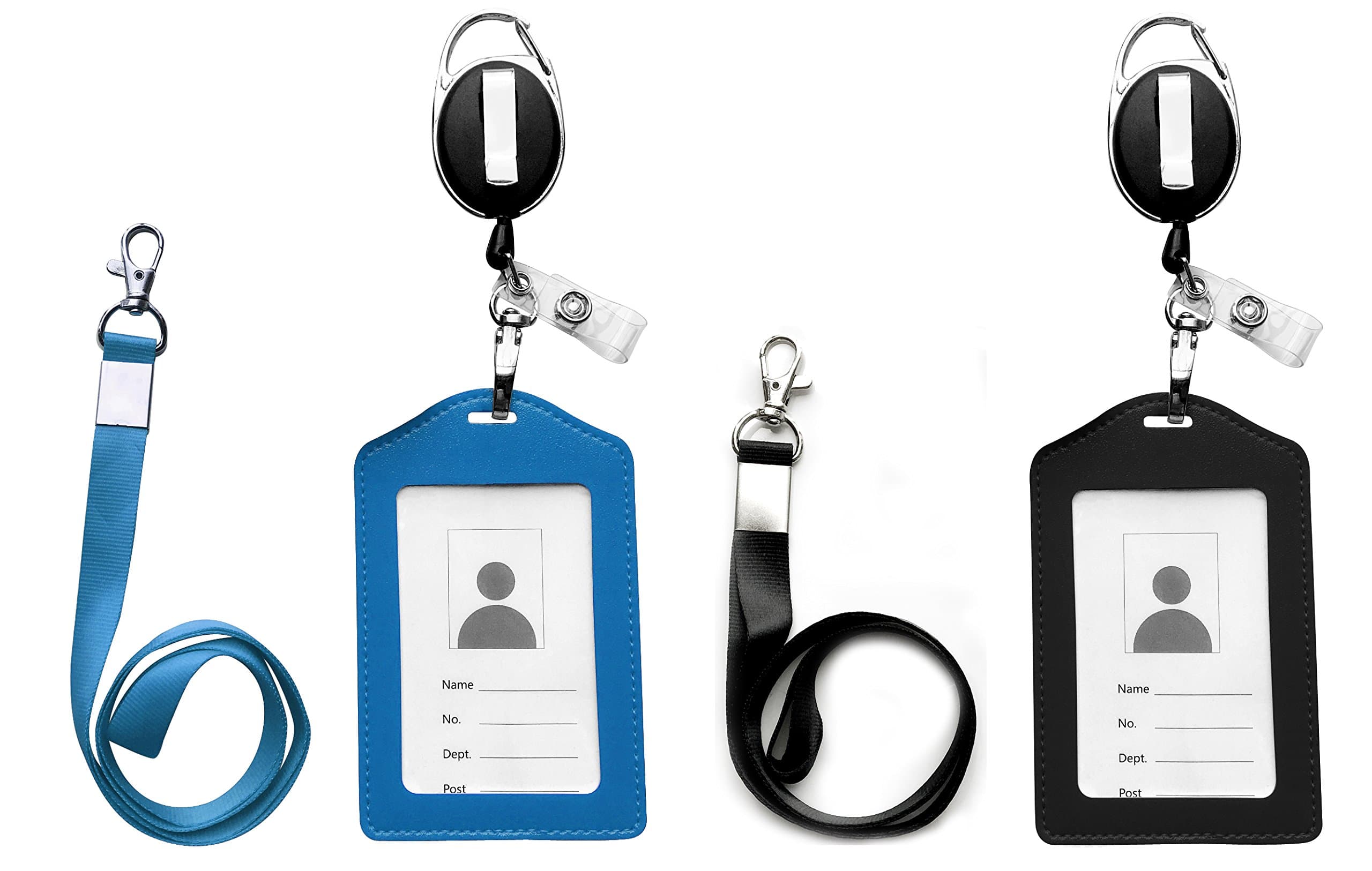 ID Card Case + Heavy Duty Lanyard (Black + Blue)+ Badge Holder Retractable Reel Carabiner and Plastic Clip