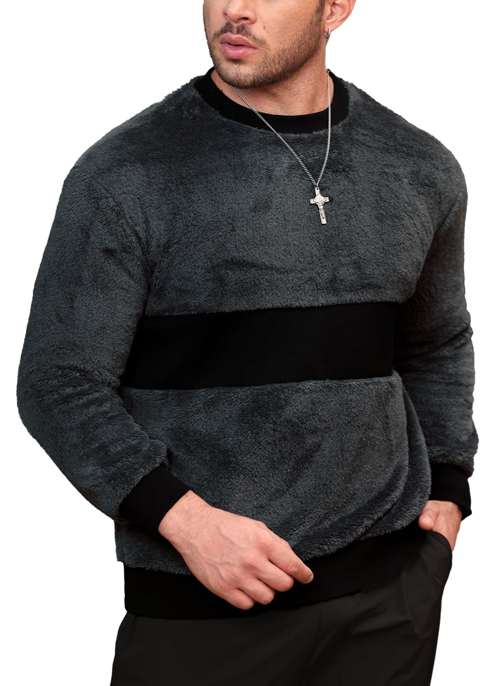 Mainfini Men's Fuzzy Sherpa Sweatshirt Crew Neck Fluffy Fleece Pullovers (S-XXL)