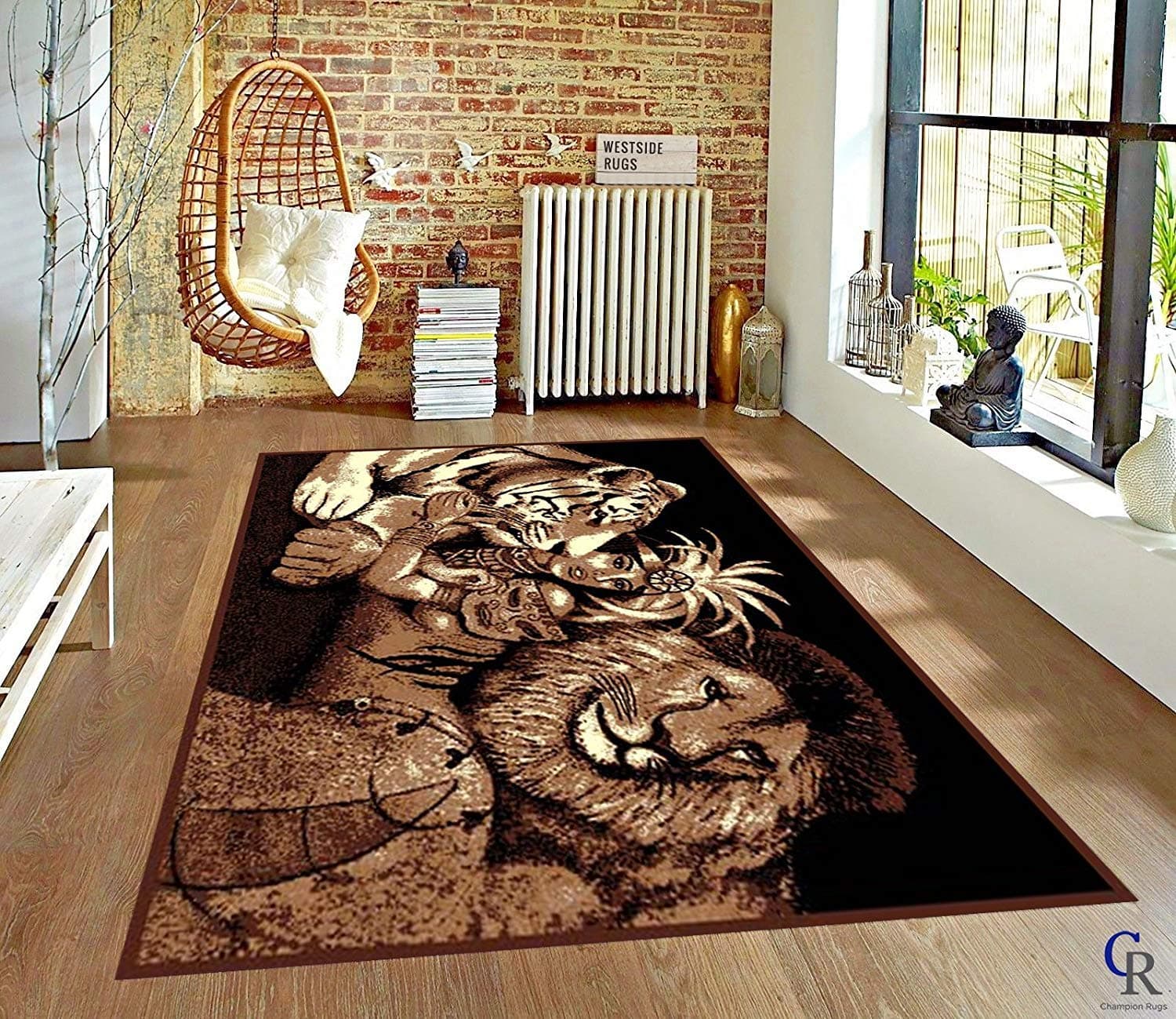 Champion Rugs Lion Tiger Jungle Queen Area Rug African Animal Carpet (5’ 3” X 7’ 5”)