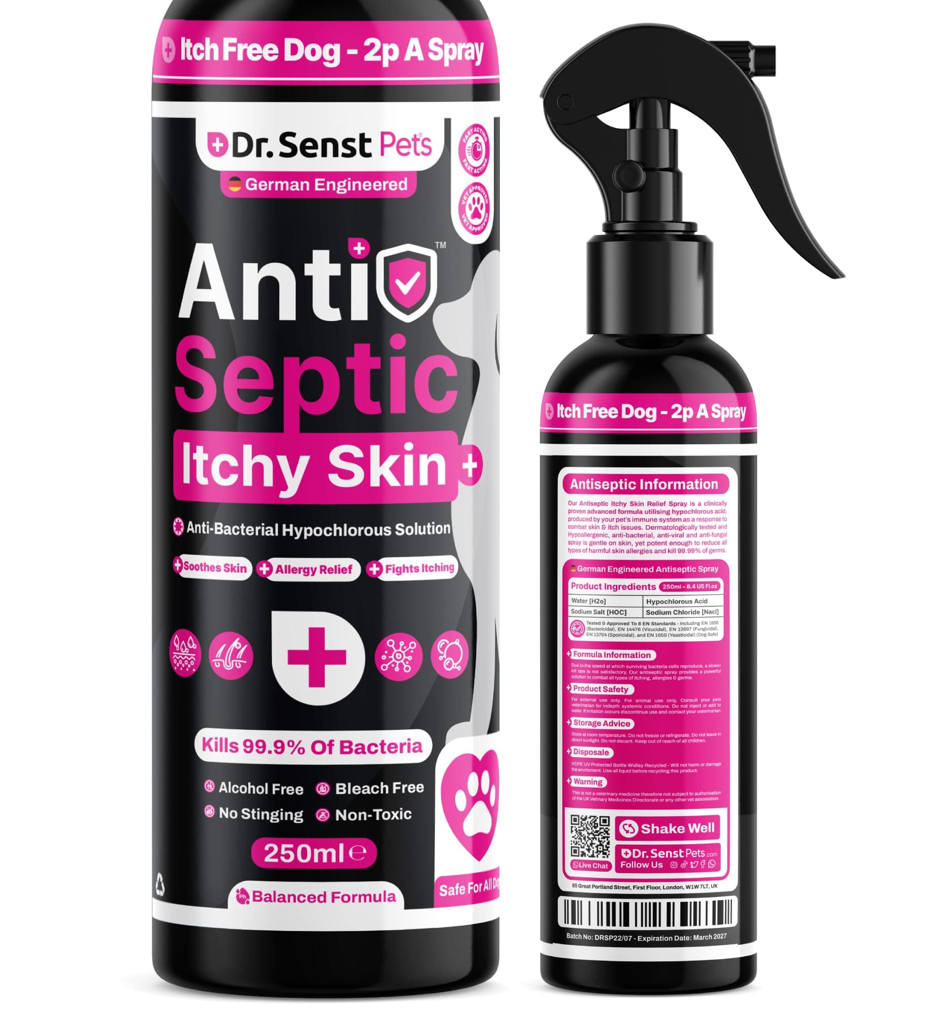 Dr. Senst Itchy Dog Skin Relief & Dog Allergy Relief Spray | 250ml Hypochlorous Acid Anti Itch For Dogs Relief | Dog Antiseptic Spray | Dog Itchy Skin Relief | Antiseptic Spray For Dogs