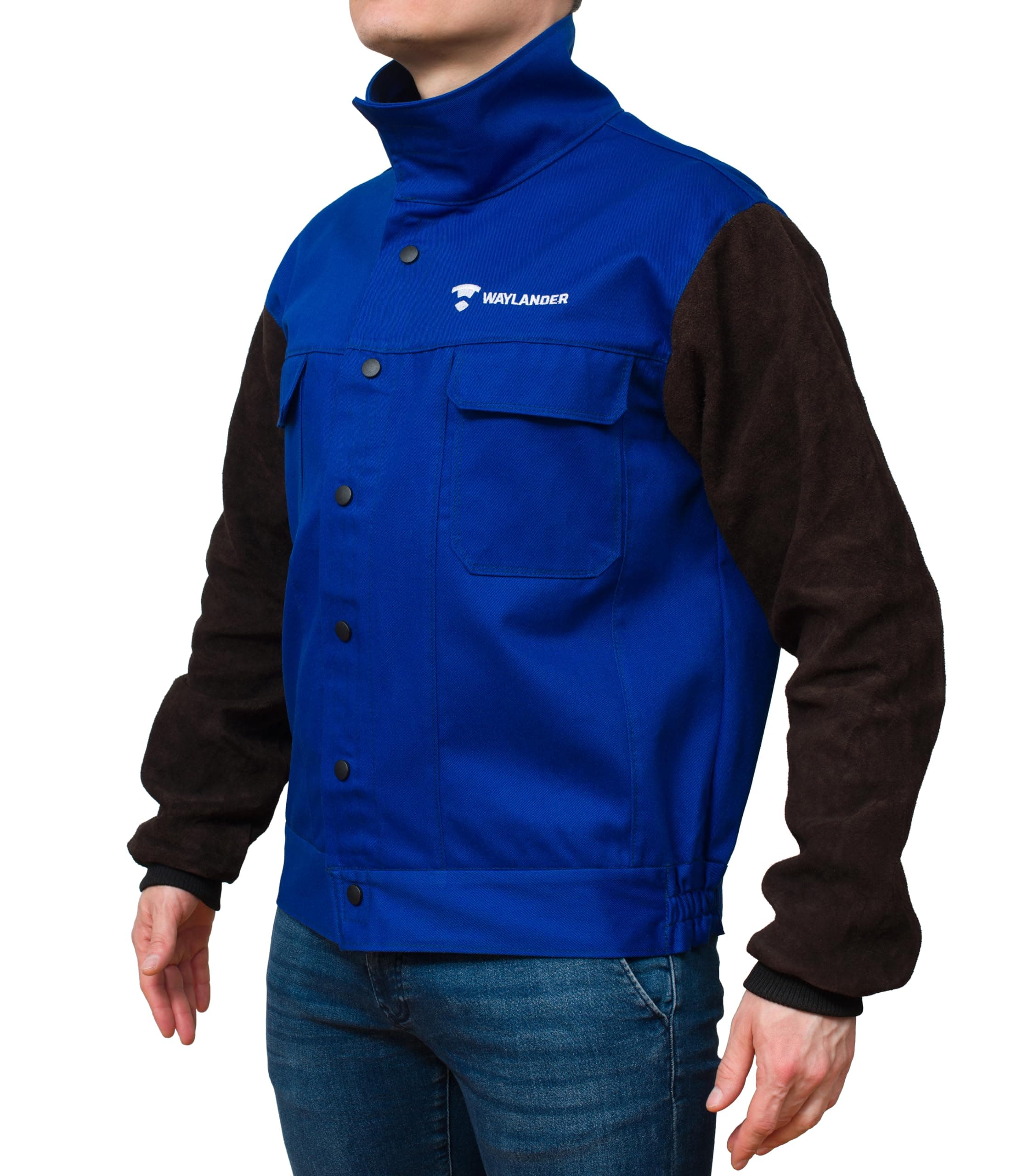 Waylander DVALIN Hybrid FR Leather Welding Jacket - Leather Sleeves, Snap Buttons for Maximum Spark & Heat Protection