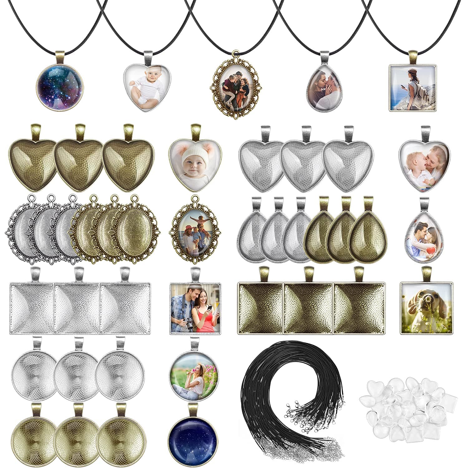 Anezus Pendant Trays with Glass Cabochons for Jewelry Making, 90pcs Pendants Trays Set Including 30pcs Bezel Pendant Trays Blanks, 30pcs Glass Cabochons and 30pcs Necklaces Cords for Necklace Making