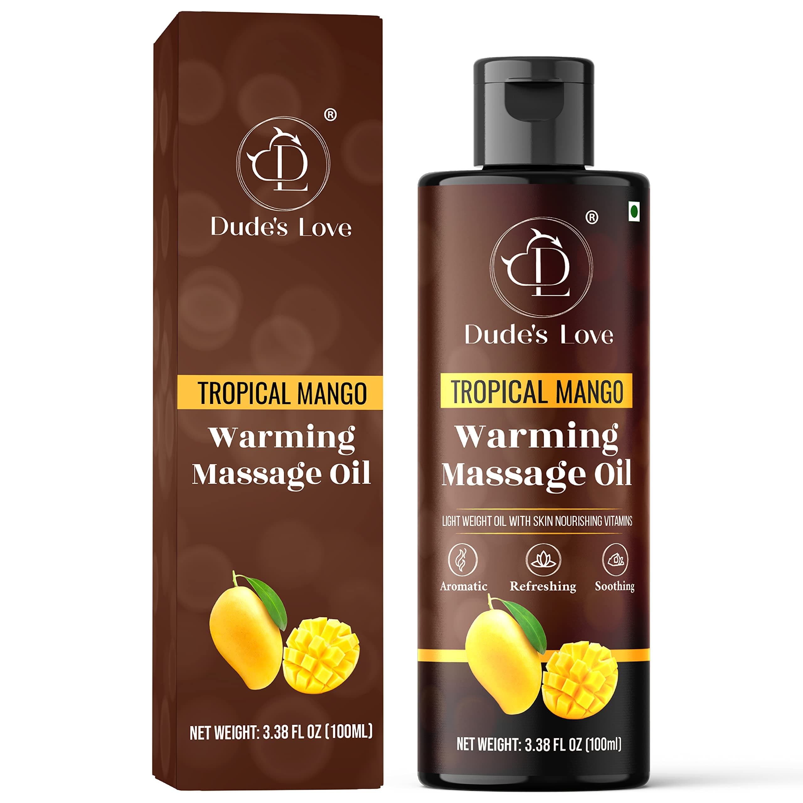Organic - Flavored Warming Body Massage Oil - Tropical Mango | No Stain - Non-Sticky | Nourish & Moisturize Skin | Aromatherapy Vegan Oil - 3.38 Fl Oz