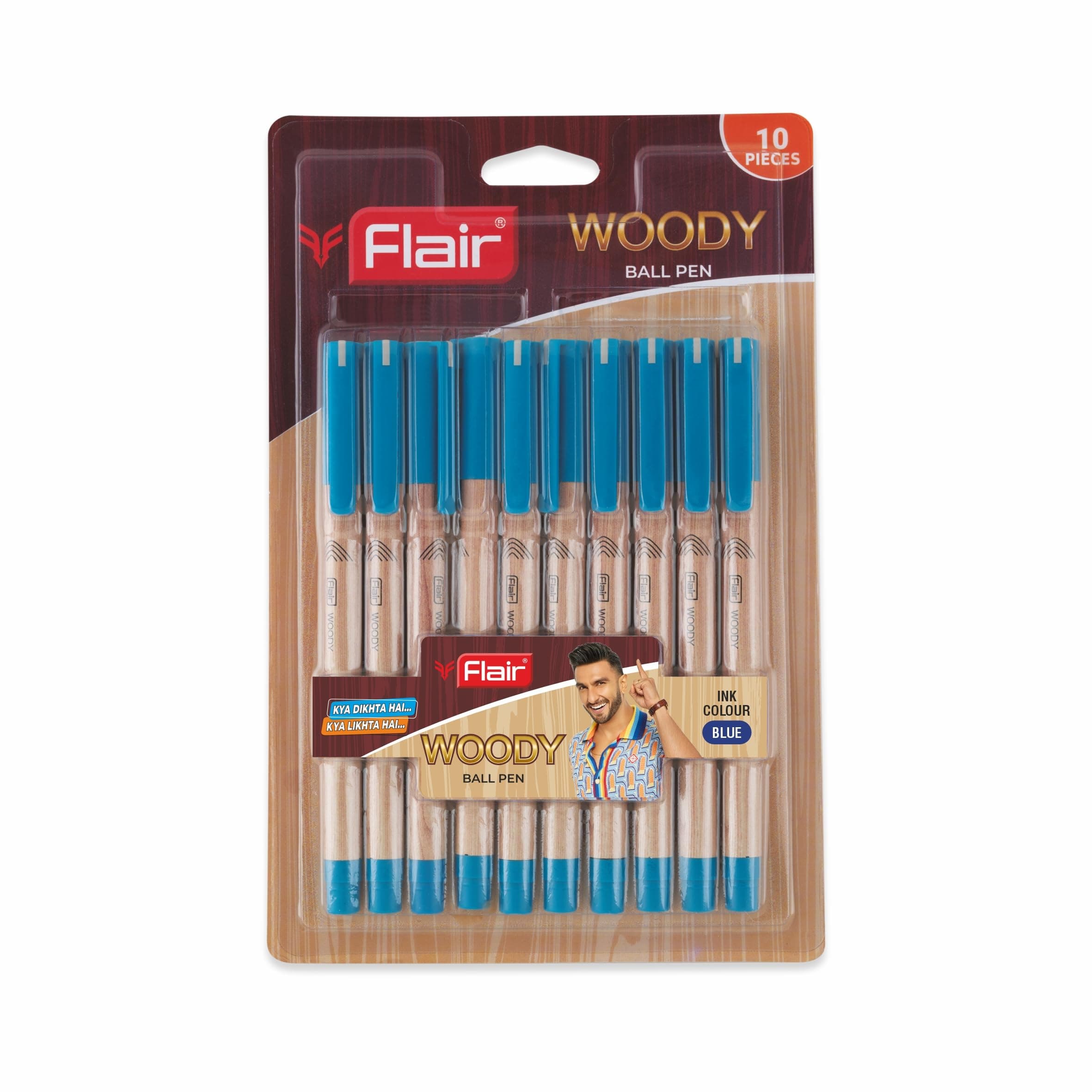 Woody 0.7mm Ball Pen Blister Pack | Attractive Woody Design | Smooth Ink Flow System With Low-Viscosity Ink | Smudge Free Writing | Blue Ink, Pack of 10 Pens