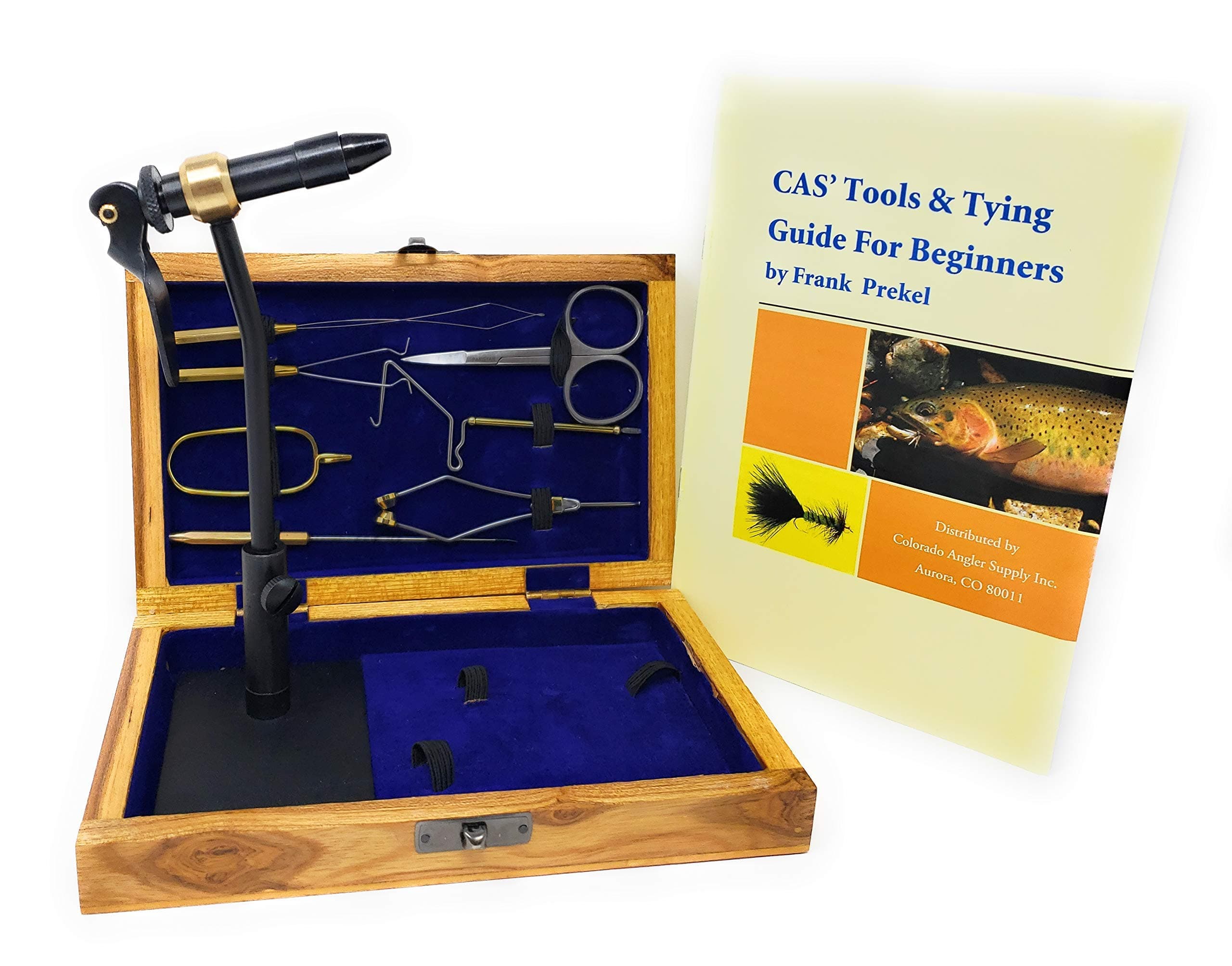Colorado Anglers - Fly Tying Standard Tool Kit with Wooden Box & Book, Rotary Vise, Bobbin, Scissors, Whip Finisher, Complete Fly Fishing Set for Beginners & Pros