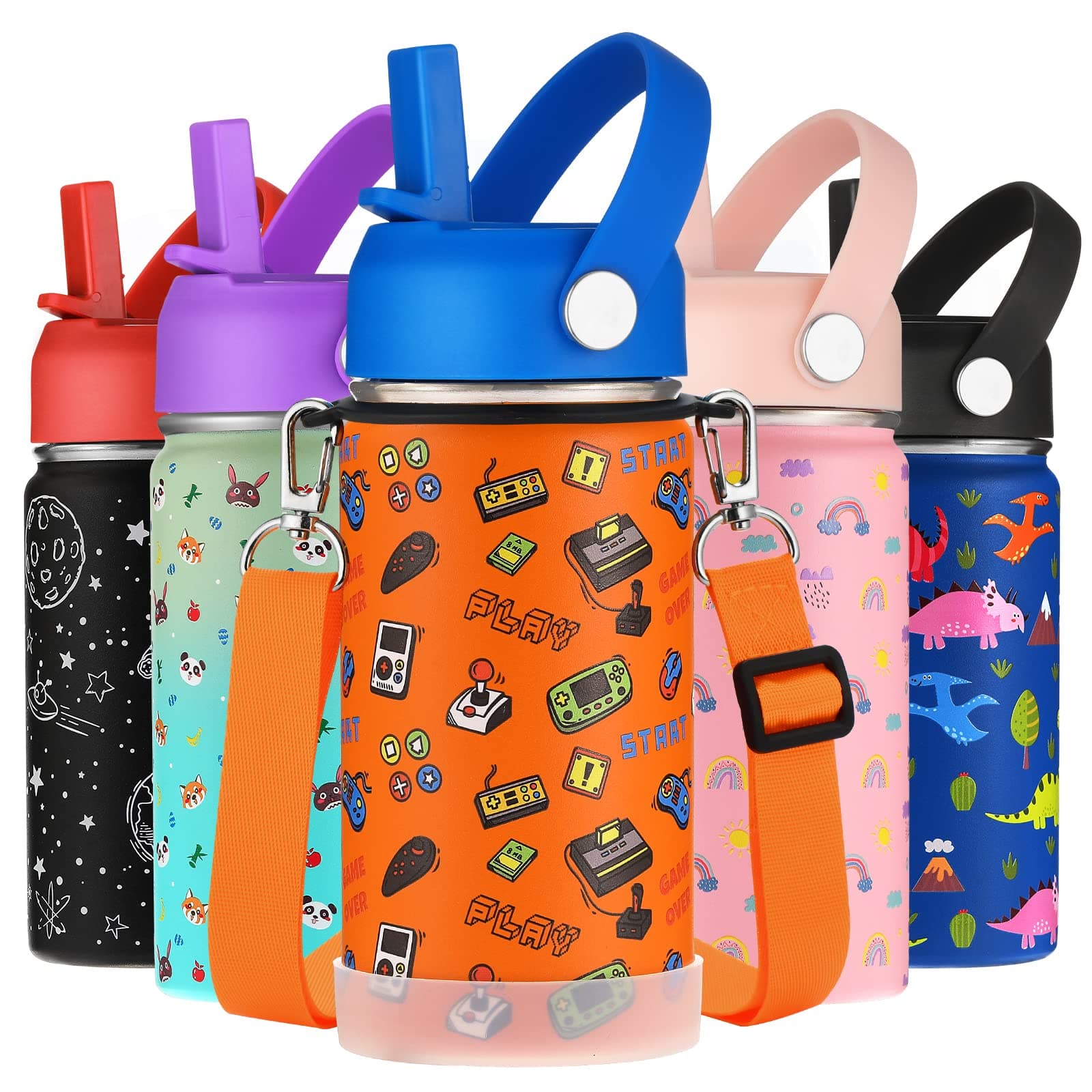 WEREWOLVES 14oz Kids Water Bottle with Straw Lid, Shoulder Strap and Boot - Insulated Stainless Steel, Reusable Leakproof Metal Water Bottles for School