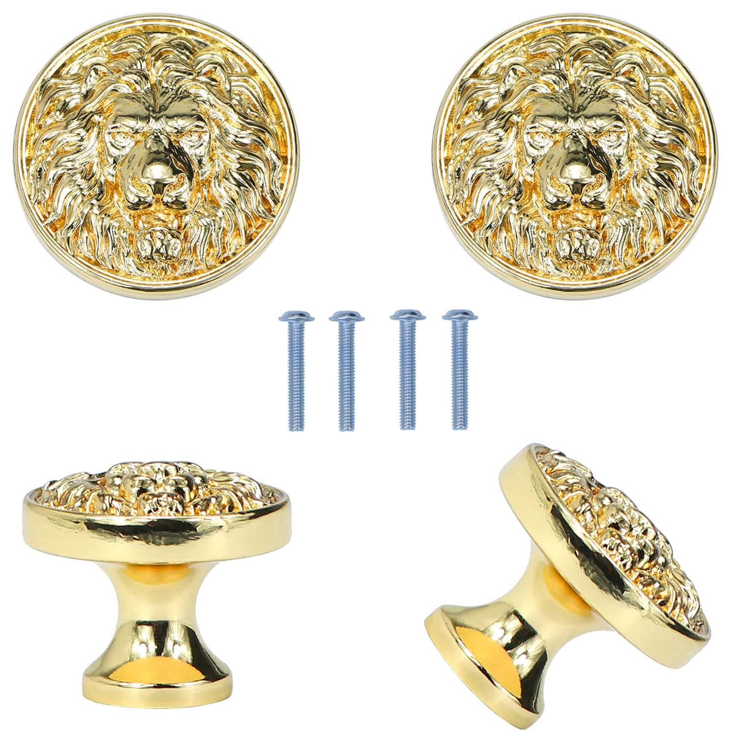 Cabinet Knobs Antique Lion Head Drawer Pulls Gold Animal Knobs Dresser Drawer Knobs and Pulls Single Hole for Kitchen Cupboard Handles 4 Pcs (Gold)