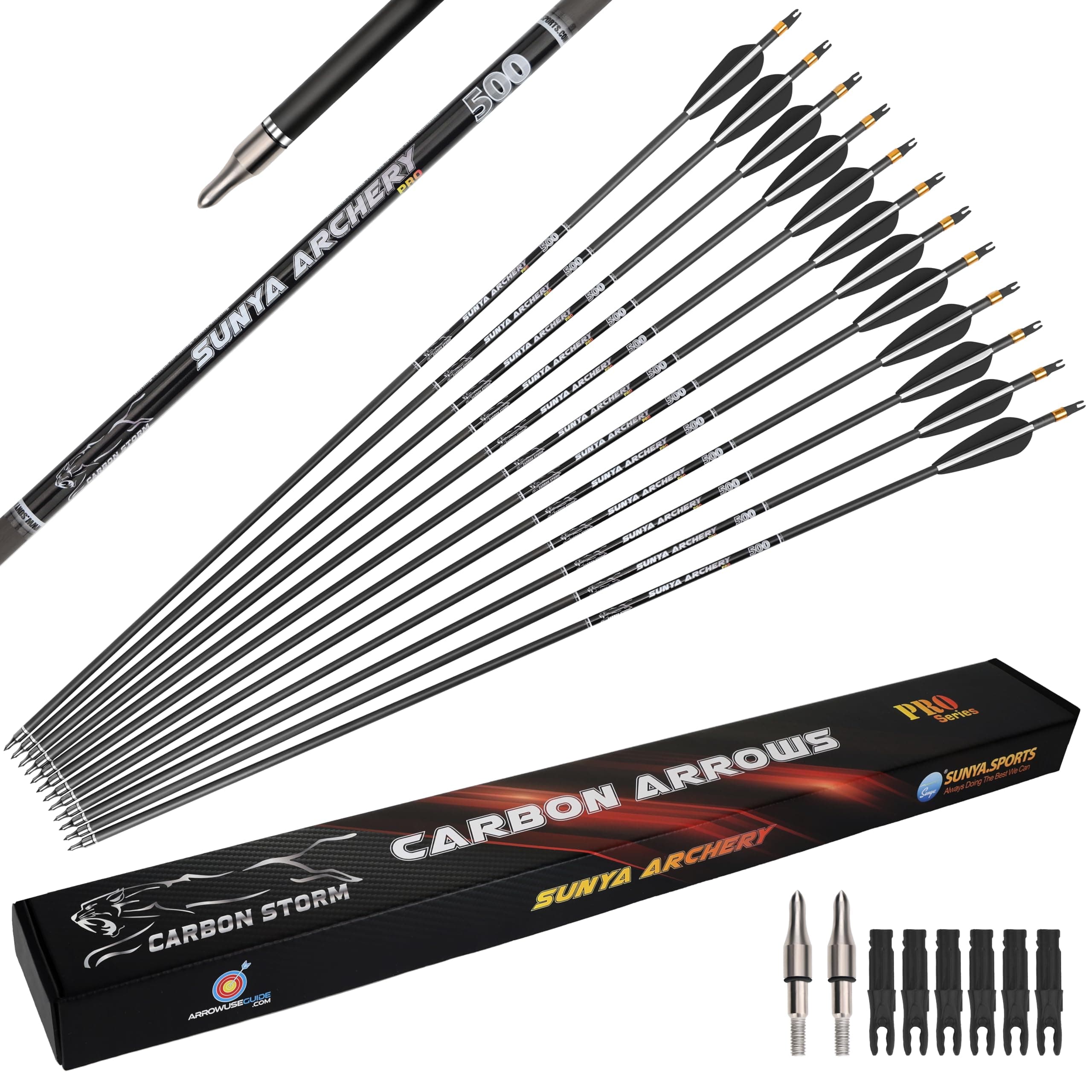 SUNYA 12-Pack 30 Inch Carbon Arrows Spine 500 or 400 for 40-60 LBS Bows|Switch to Recurve/Compound Modes, Anti-Loose O-Ring & TPU Vanes for Hunting/Target Practice