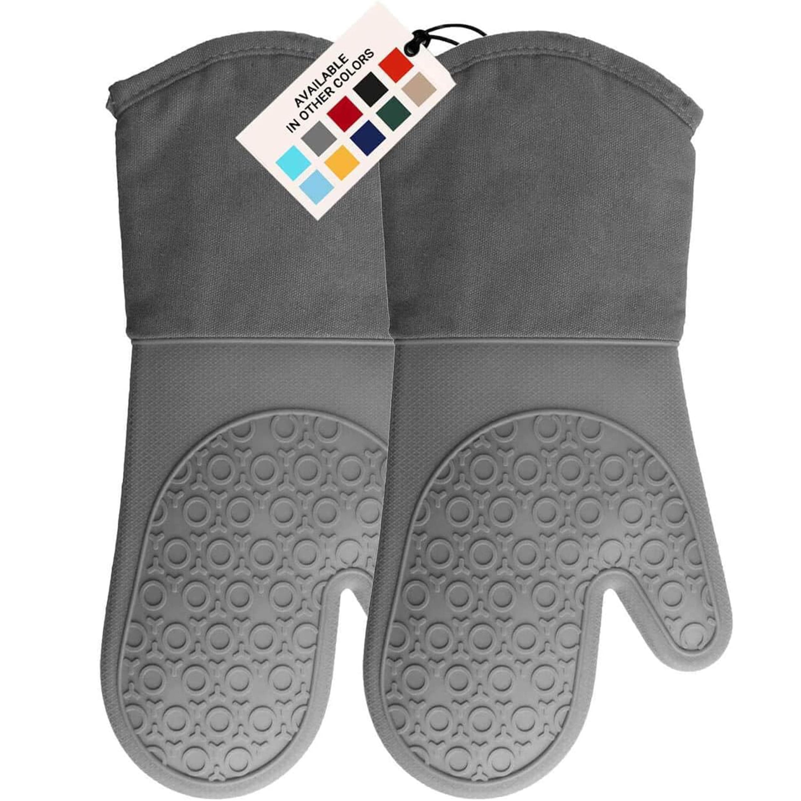 BPA-Free Soft Silicone Oven Mitts - Ultra Heat Resistant Oven Mitts with Thick Cotton Liner - Long Slip Resistant Pot Holders, Flexible Oven Gloves - Gray 13.7"