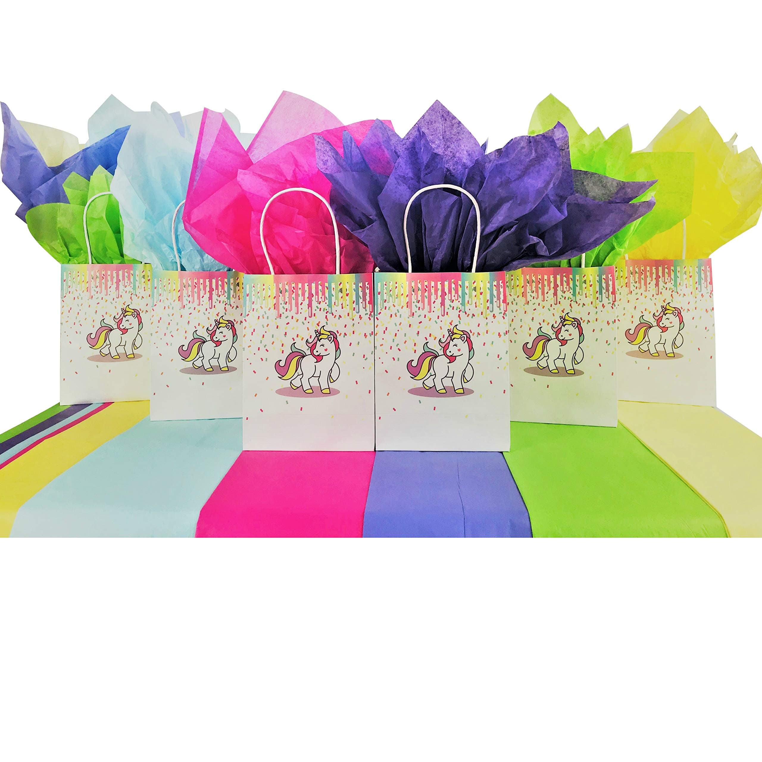 Unicorn Party Gift Bags for Favors Birthday Treat Goodie Candy Party Supplies (Set of 12 Bags/25 Pieces Rainbow Tissue Paper)