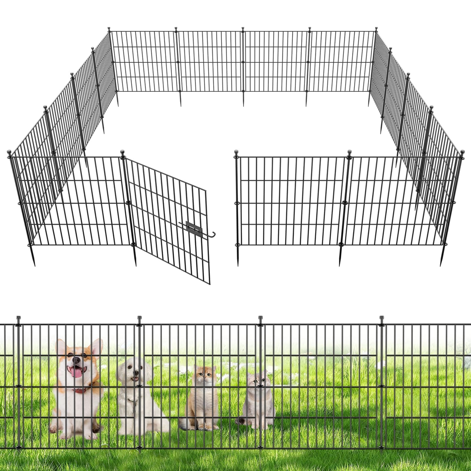 10 Panels with Lock No Dig Garden Fence for Outdoor Yard Decorative, 24 in(H) X 20 ft(L) Animal Barrier Fencing Rustproof Metal Wire Panel Border for Dog, Rabbits, and Patio Temporary Ground Stakes
