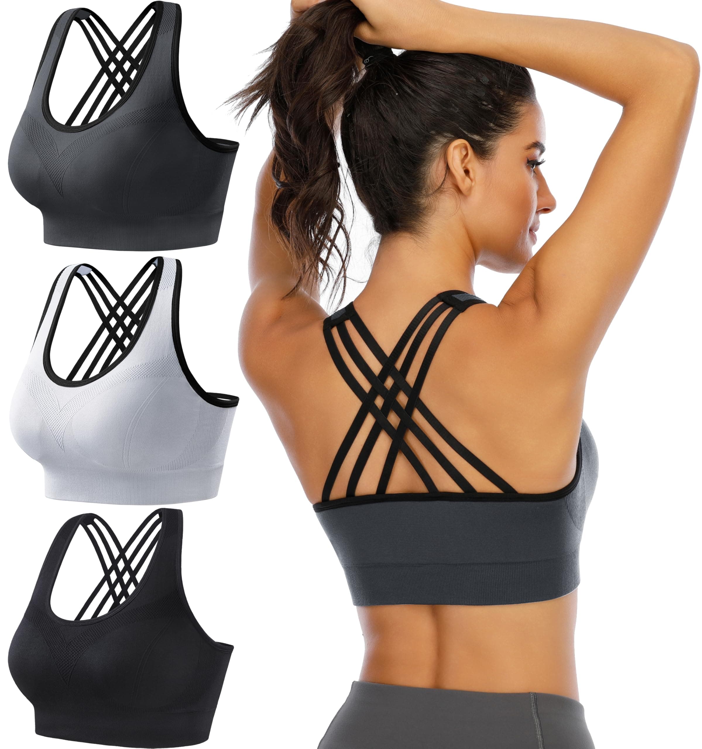 Ewedoos Women's Sports Bras Padded Sports Bra Supportive Strappy Criss Cross Yoga Bra Workout Athletic Bras 3 Pack