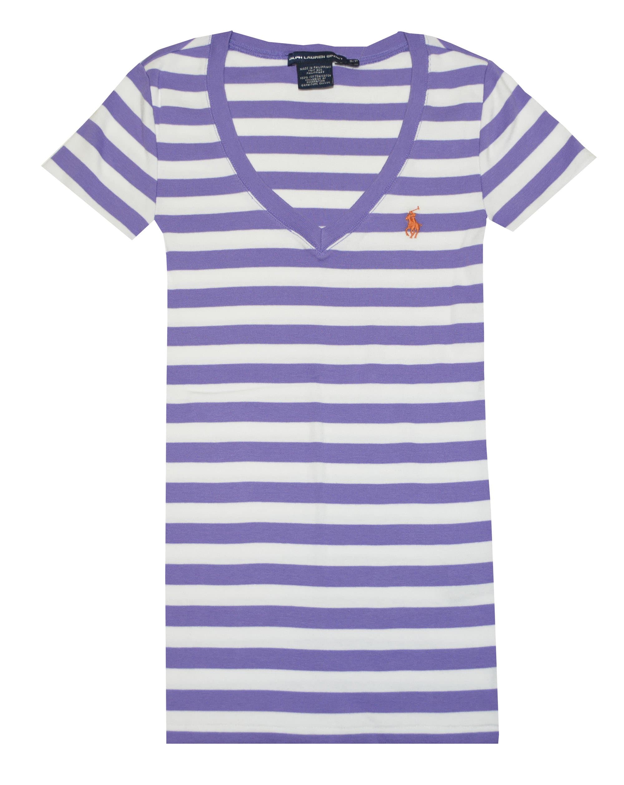Ralph Lauren Sport Women V-neck Ribbed Striped Pony Logo T-shirt (M, Charter Purple/White)
