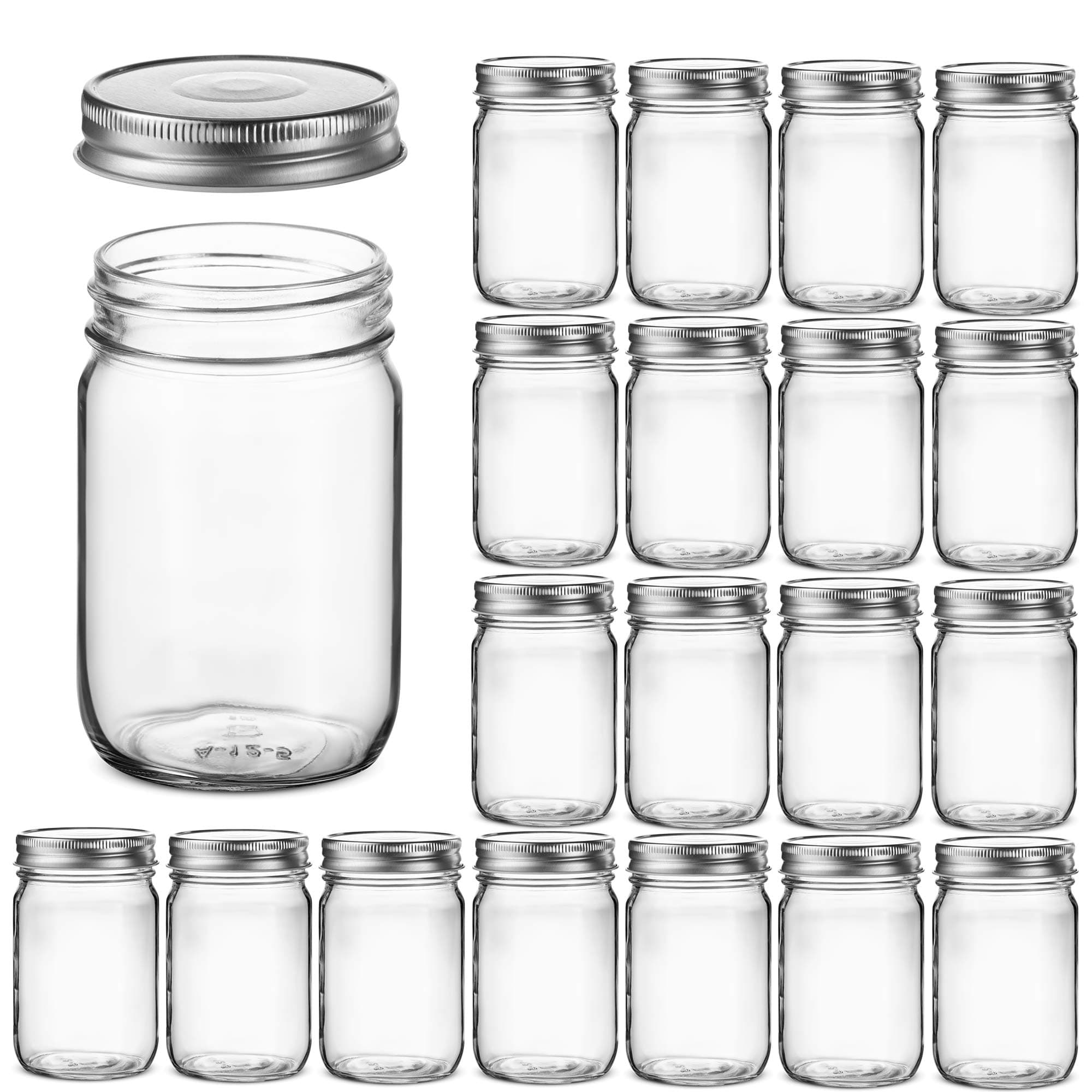 Glass Regular Mouth Mason Jars, Glass Jars with Silver Metal Airtight Lids for Meal Prep, Food Storage, Canning, Drinking, Overnight Oats, Jelly, Dry Food, Spices, Salads, Yogurt (20 Pack) (12 Ounce)