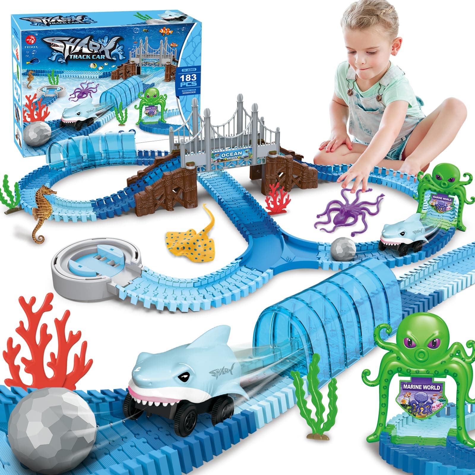 VATOS Race Car Toys - 183 Pcs Bendable Flexible Racetrack Cars with Shark & Ball, Ocean Theme Train Toys for Boys & Girls Aged 3-7, STEM Educational Playset Birthday Gift