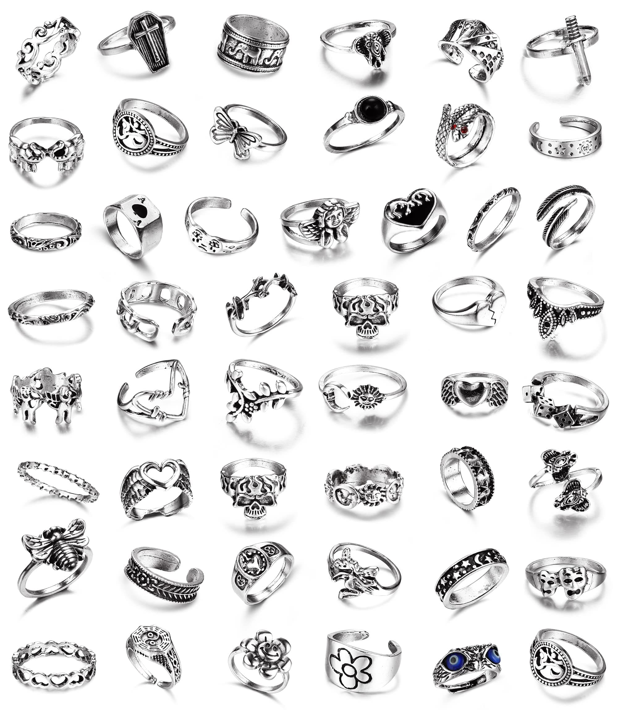 Milacolato 49pcs Vintage Silver Punk Rings Knuckle Rings Set for Men Women Snake Cross Flower Big Rings Open Adjustable Goth Punk Hip Hop, Silver, No Gemstone