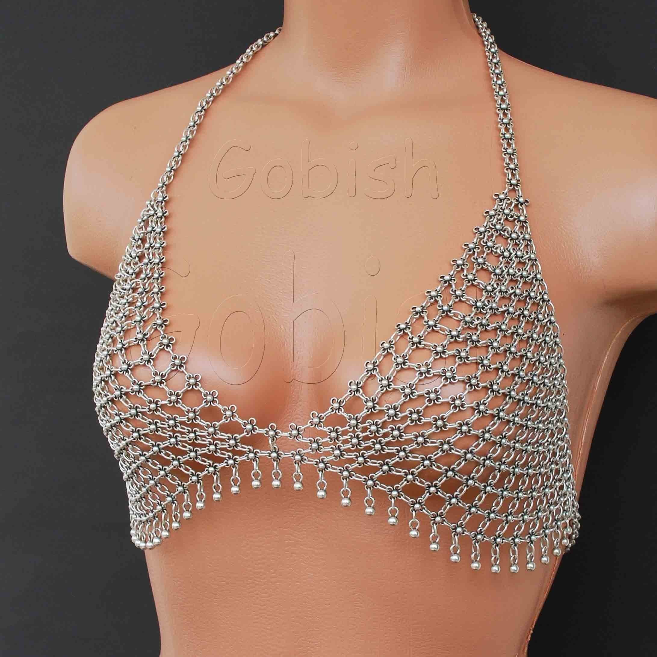 Handmade Silver Plated Metal Bra, Unique Design Gypsy Top, Chainmail style bikini by Gobish (Fast shipping)