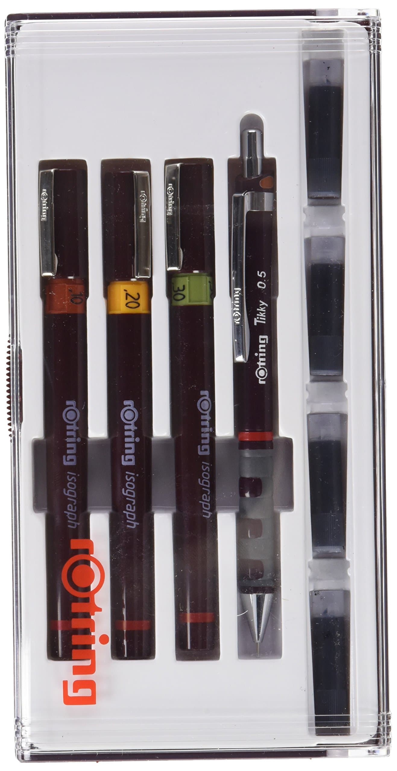 Rotring Isograph Junior Set 3X Technical Pens (0.10mm, 0.20mm, 0.30mm) + Accessories, Red
