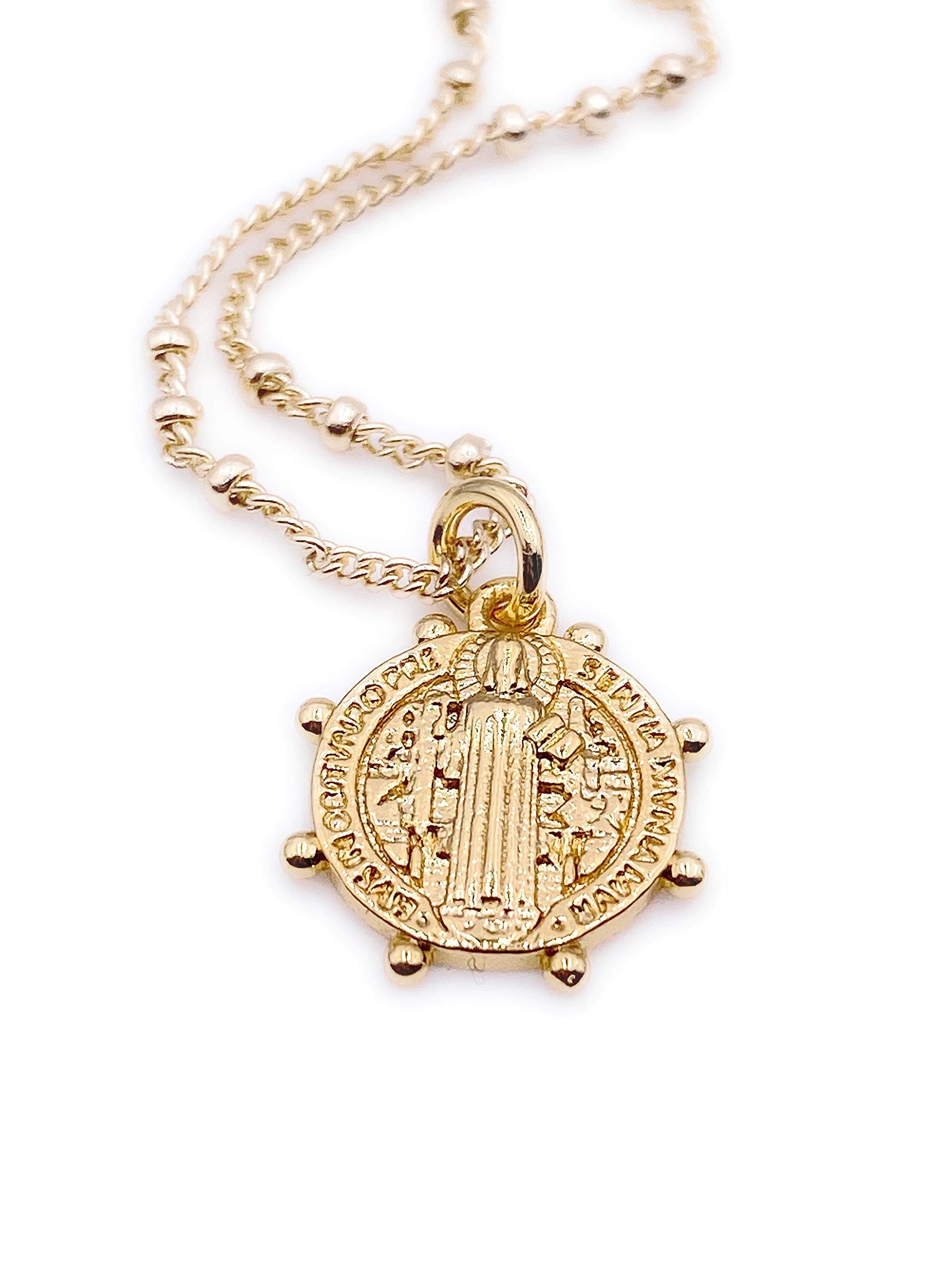LESLIE BOULESGold Saint Benedict Round Medal Necklace for Women 18K Gold Plated Chain Religious Jewelry, Medium, Brass, No Gemstone